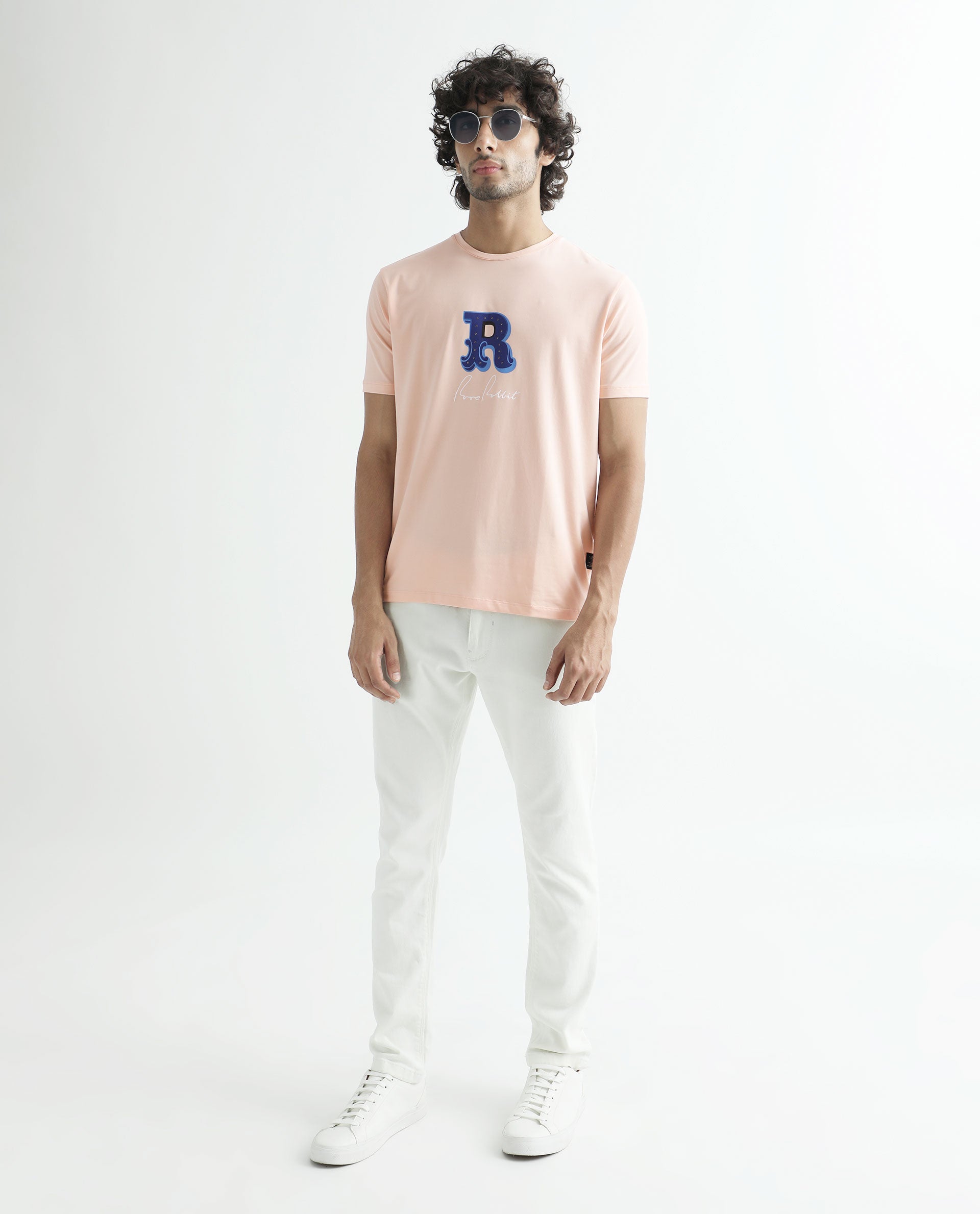 Rare Rabbit Men's Hew Peach Crew Neck HD Studded Logo With Signature Branding Half Sleeves Slim Fit T-Shirt
