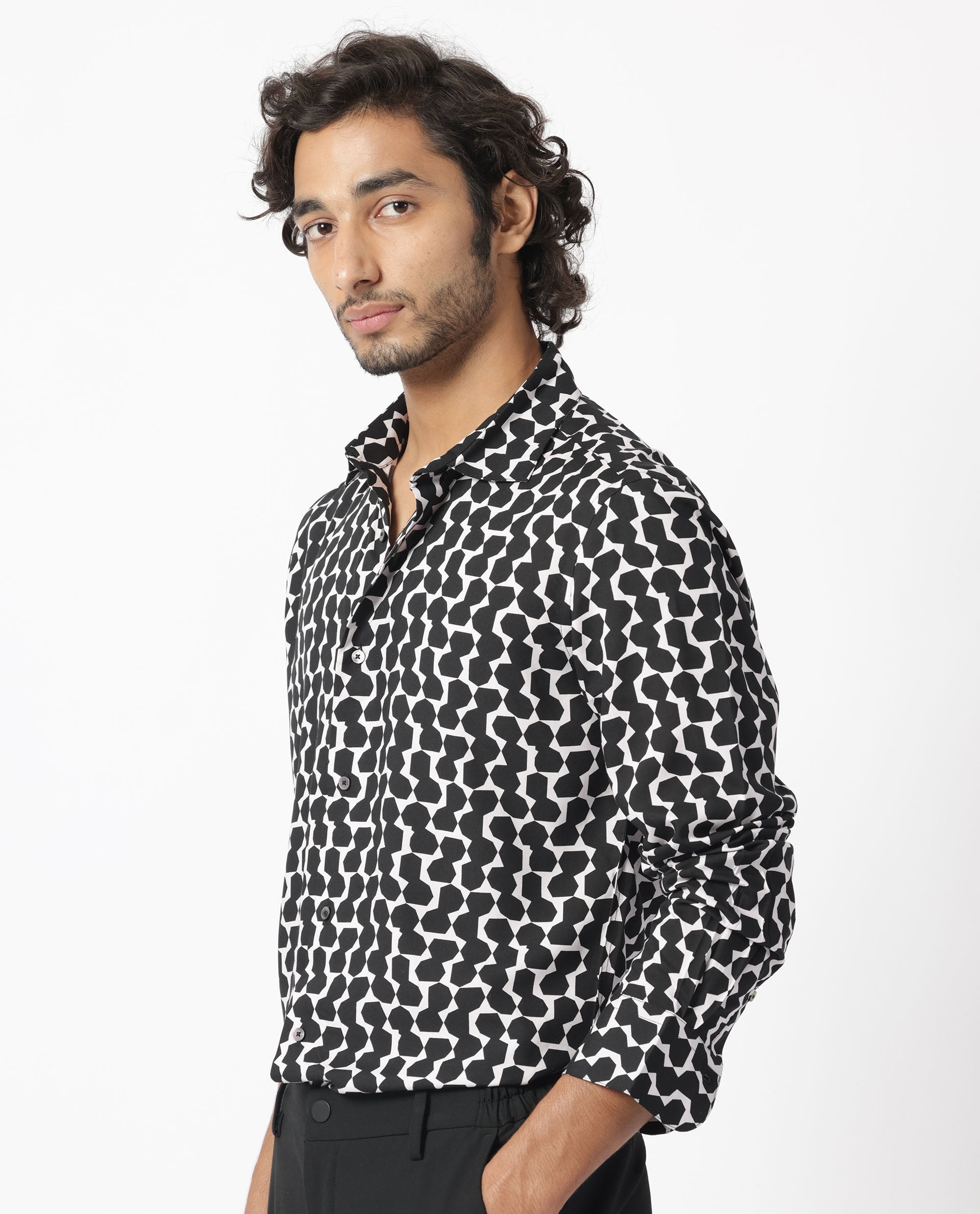 Rare Rabbit Men's Hexo Purple Viscose Fabric Geometric Print Full Sleeves Shirt