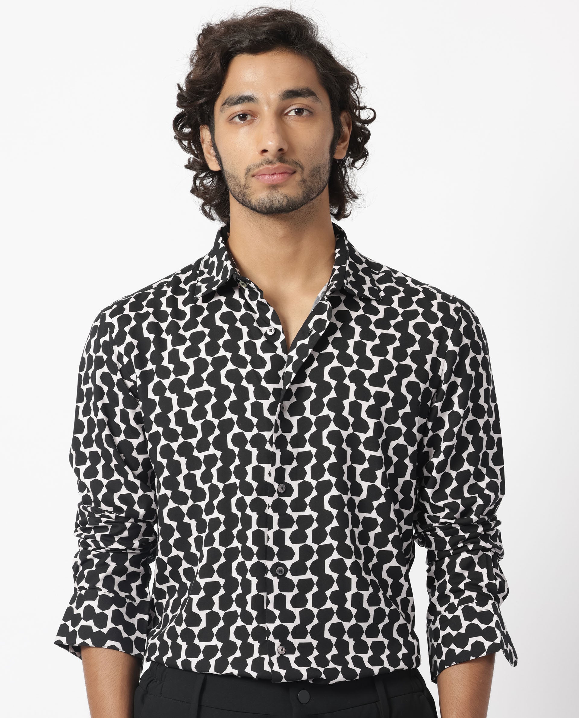 Rare Rabbit Men's Hexo Purple Viscose Fabric Geometric Print Full Sleeves Shirt