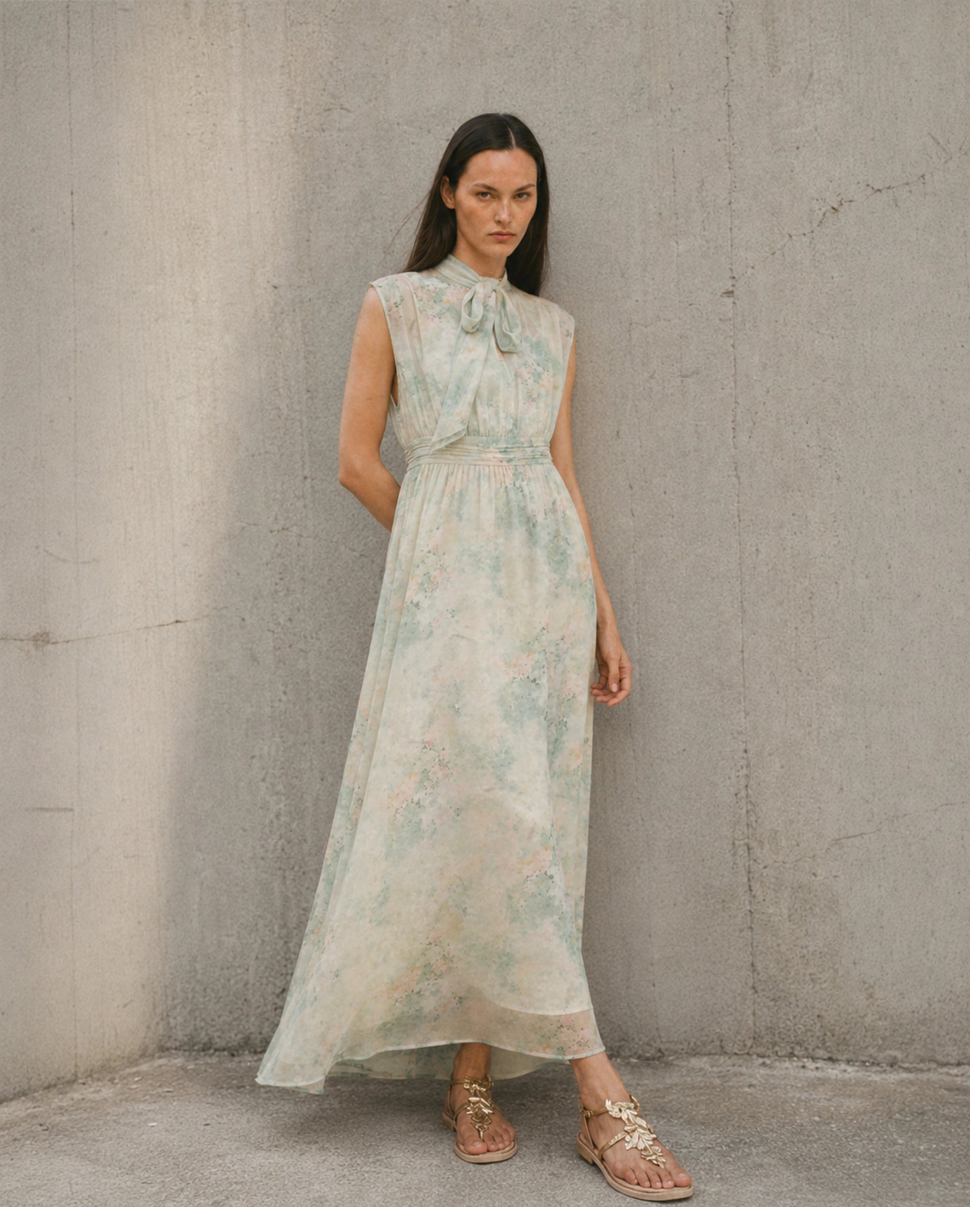 Rareism Women's Hian Light Green Viscose Blend High Neck Fit And Flare All Over Print Dress