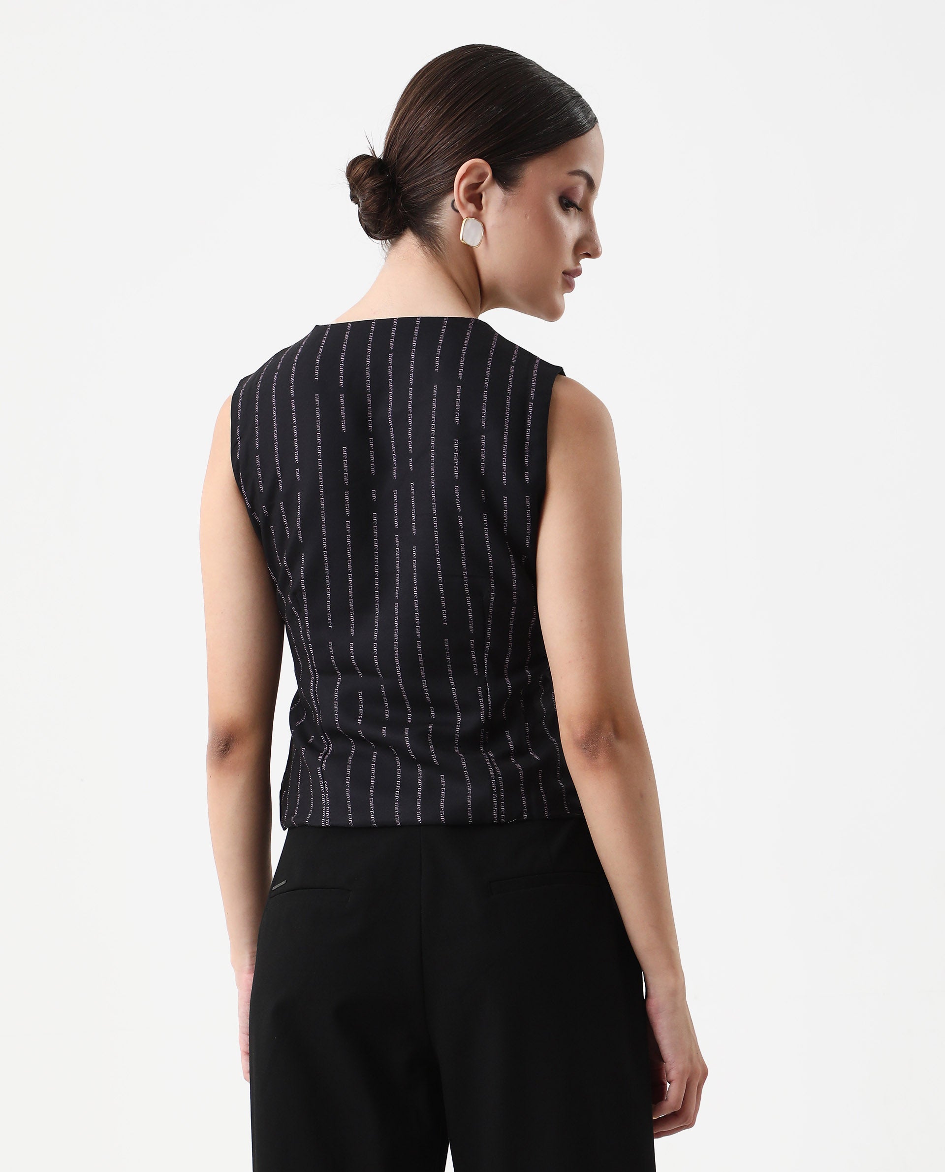 Rareism Women's Hicker Black Polyester V-Neck Striped Sleeveless Regular Fitted Top