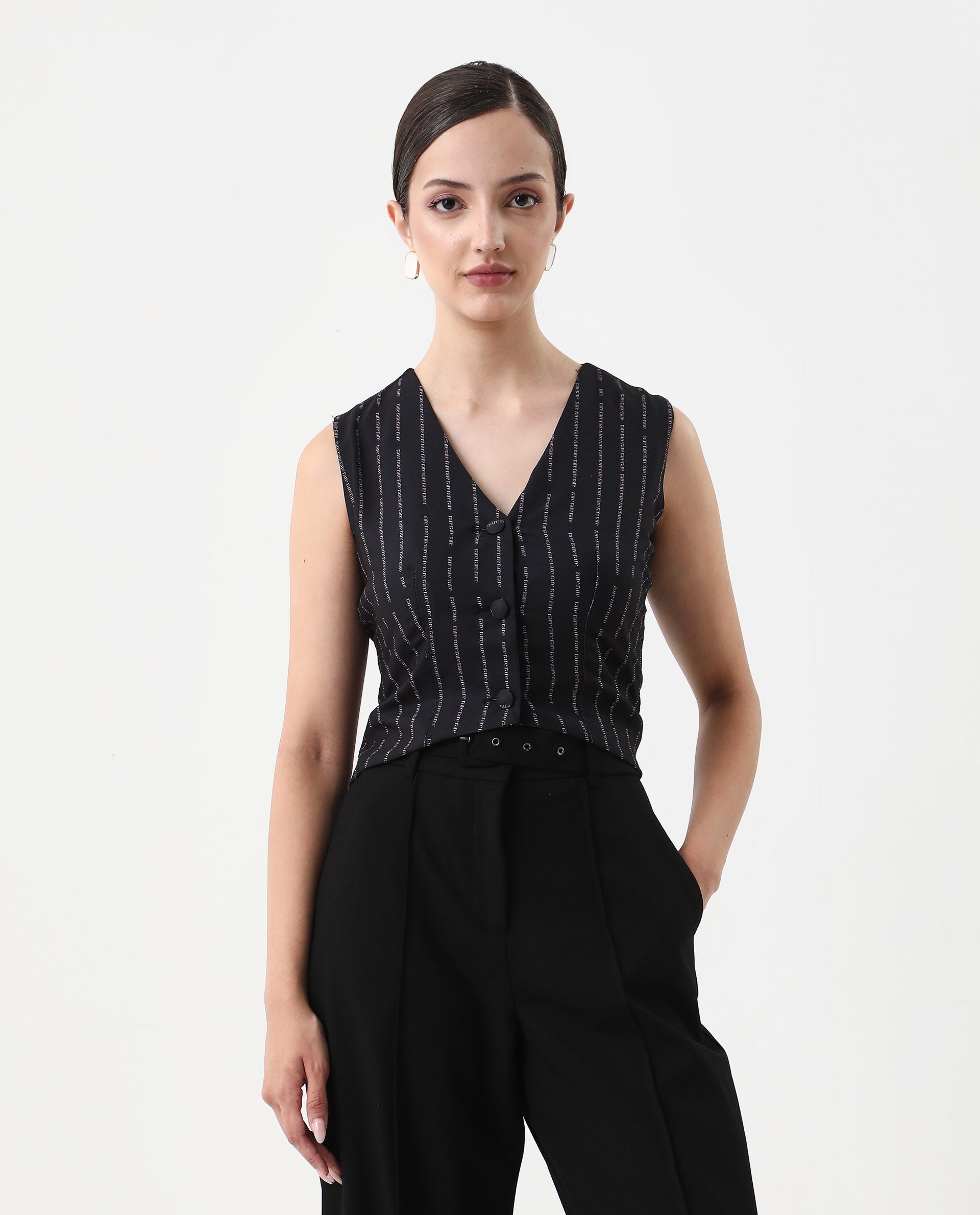 Rareism Women's Hicker Black Polyester V-Neck Striped Sleeveless Regular Fitted Top