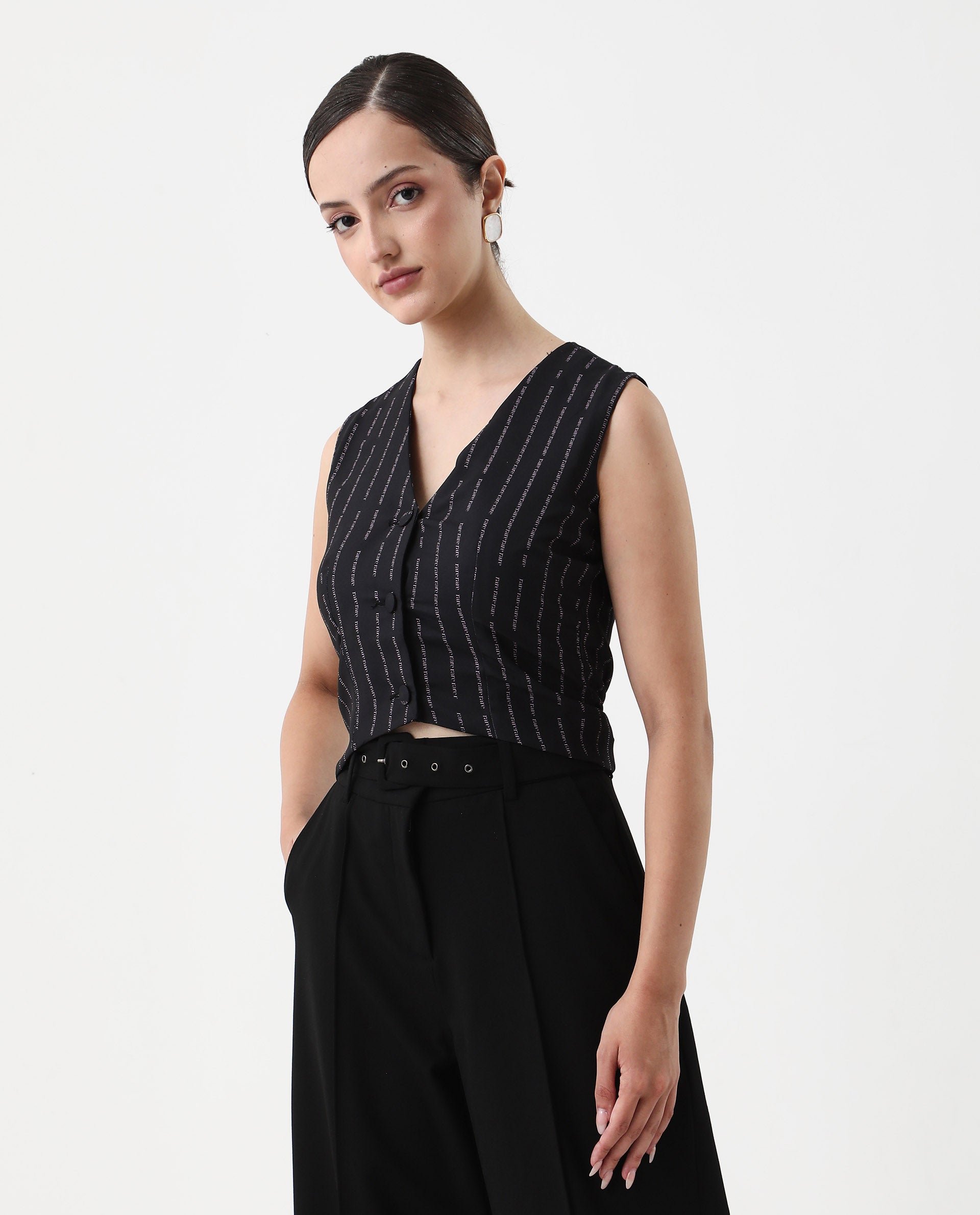 Rareism Women's Hicker Black Polyester V-Neck Striped Sleeveless Regular Fitted Top