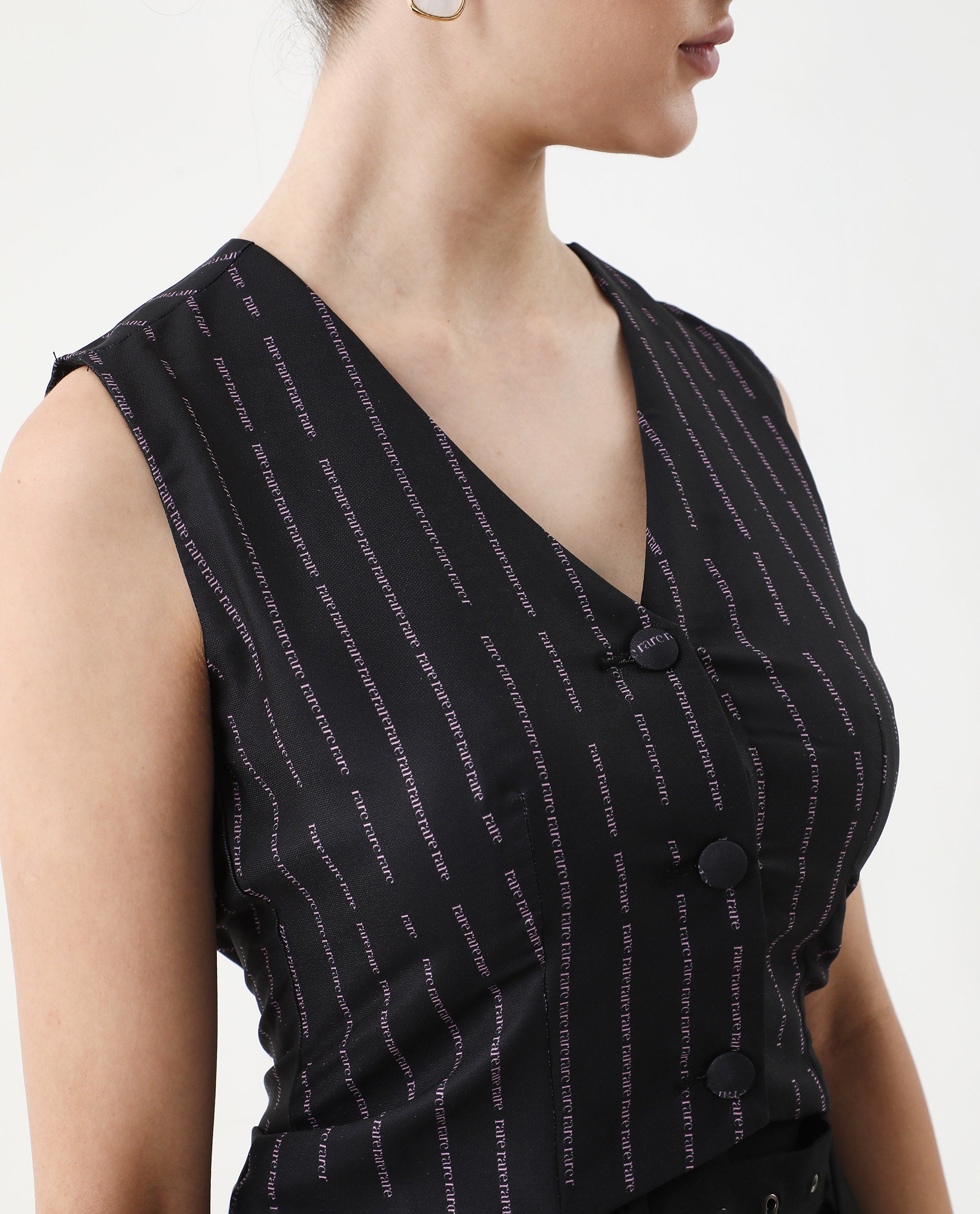 Rareism Women's Hicker Black Polyester V-Neck Striped Sleeveless Regular Fitted Top