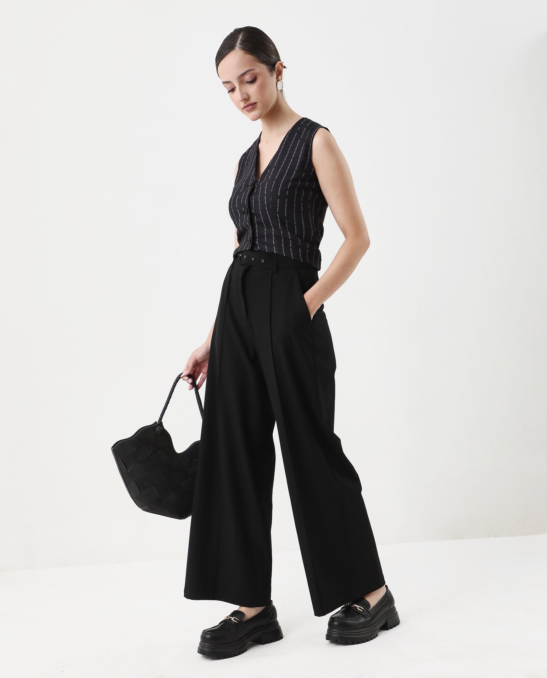 Rareism Women's Hicker Black Polyester V-Neck Striped Sleeveless Regular Fitted Top