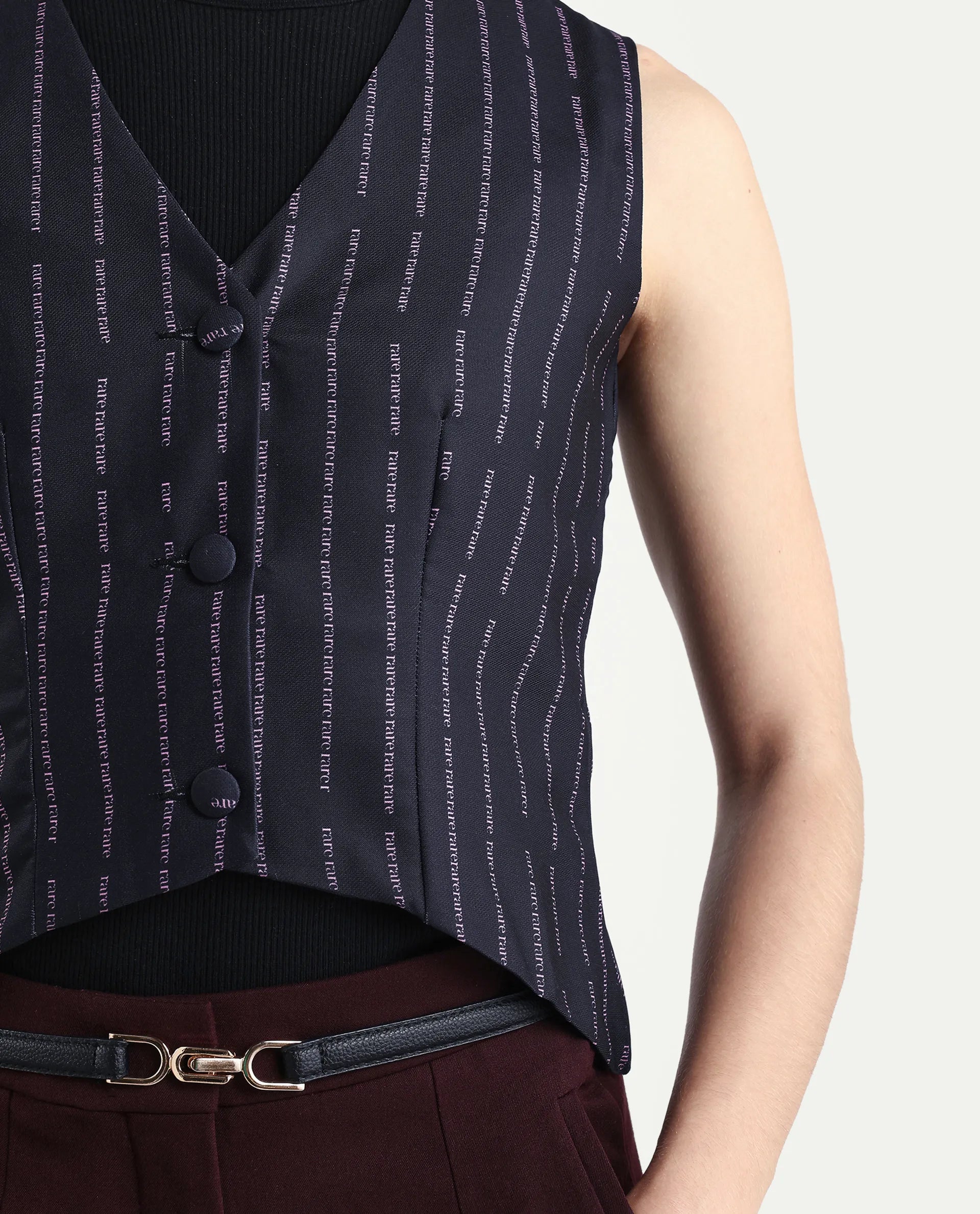 Rareism Women's Hicker Black Polyester V-Neck Striped Sleeveless Regular Fitted Top