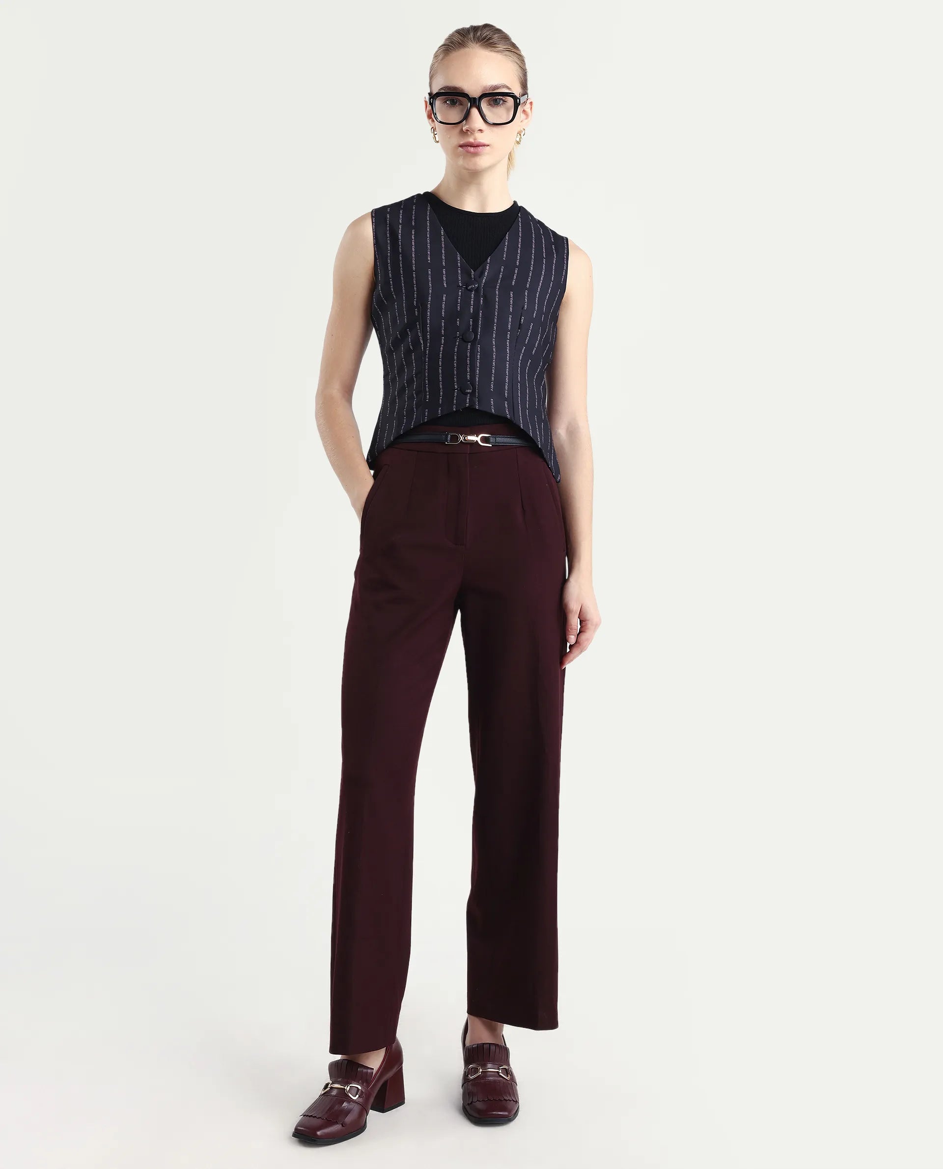 Rareism Women's Hicker Black Polyester V-Neck Striped Sleeveless Regular Fitted Top