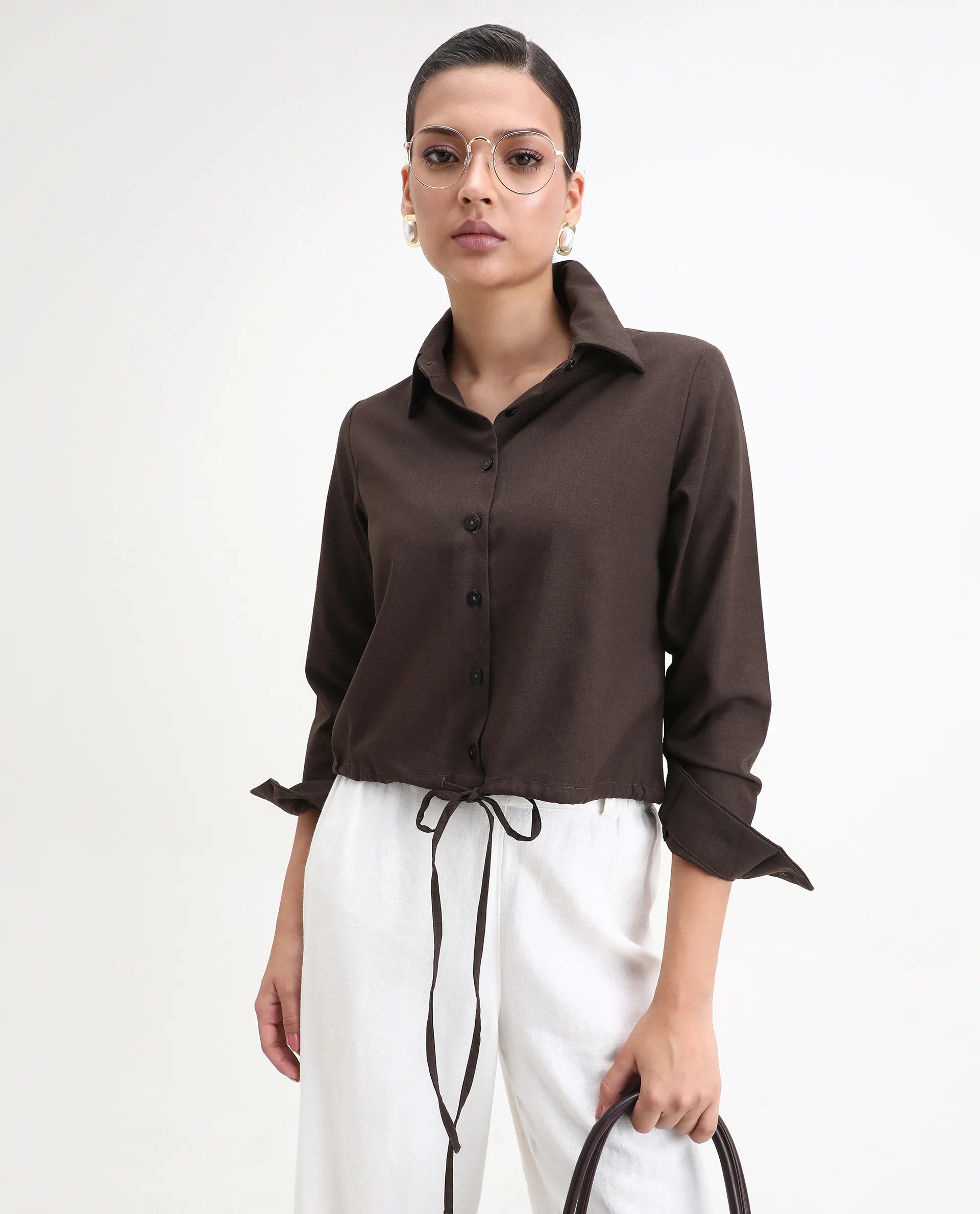 Rareism Women's Hika Dark Brown Lycra Spread Collar Plain Cuffed Sleeve Regular Fit Top