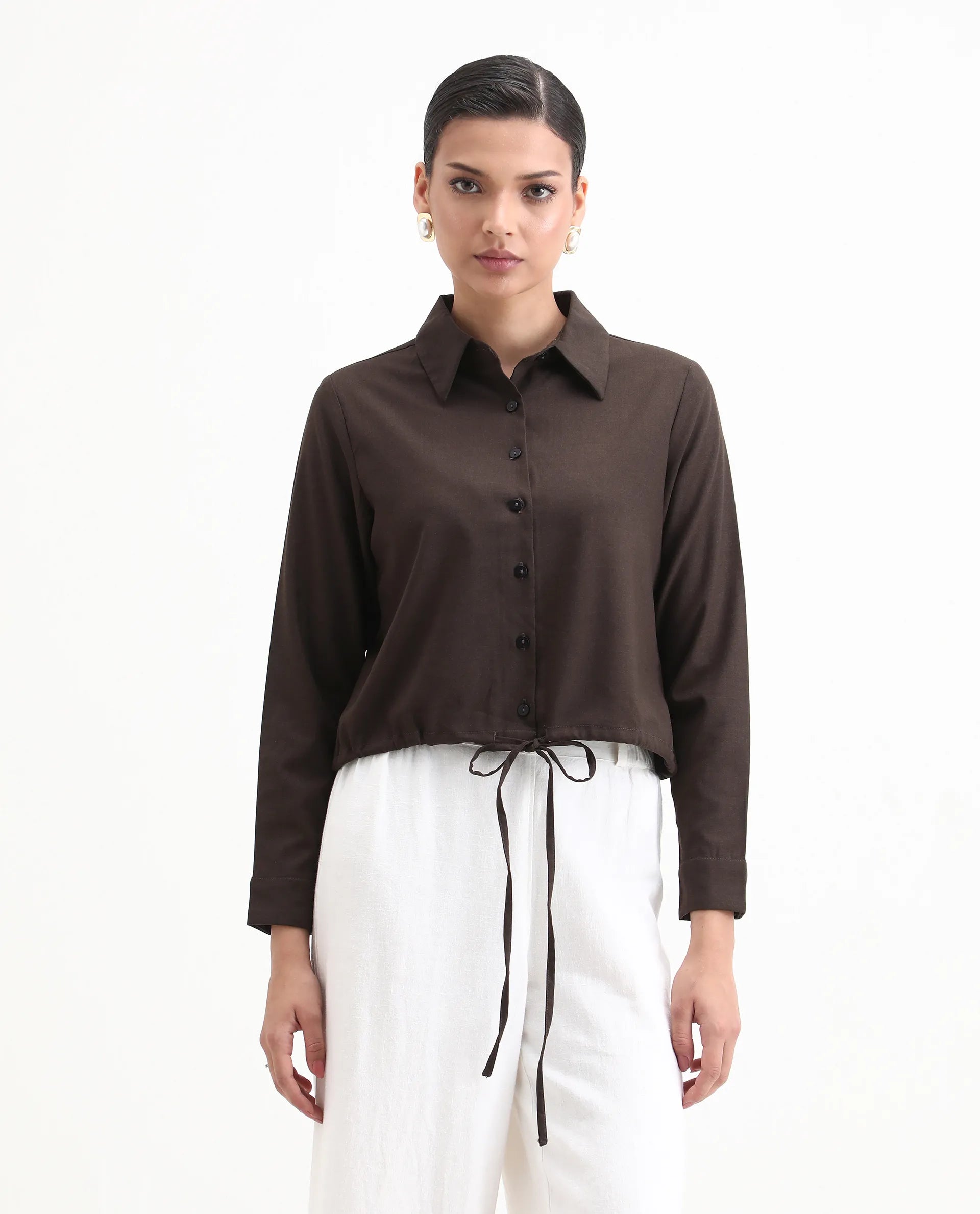 Rareism Women's Hika Dark Brown Lycra Spread Collar Plain Cuffed Sleeve Regular Fit Top