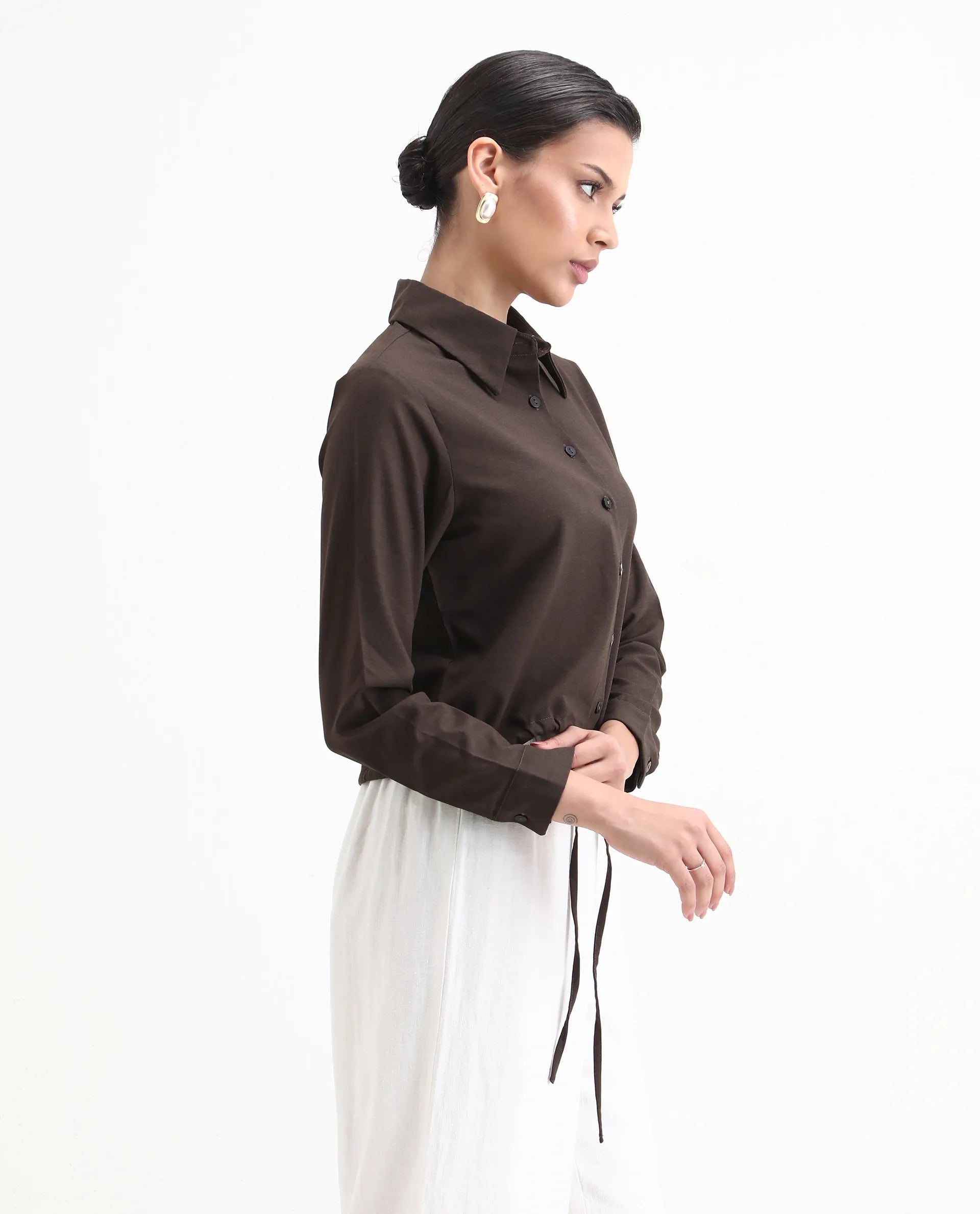 Rareism Women's Hika Dark Brown Lycra Spread Collar Plain Cuffed Sleeve Regular Fit Top