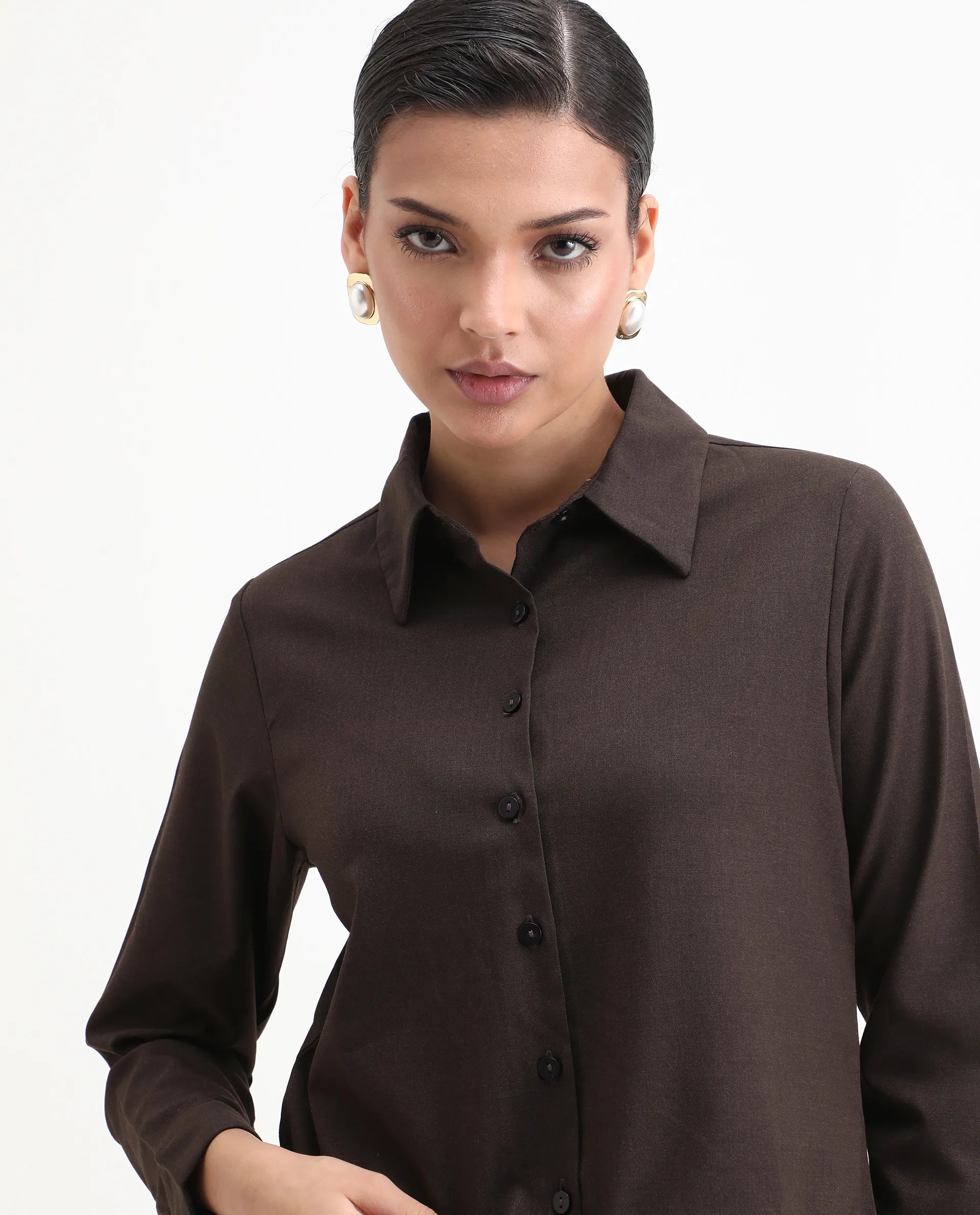 Rareism Women's Hika Dark Brown Lycra Spread Collar Plain Cuffed Sleeve Regular Fit Top