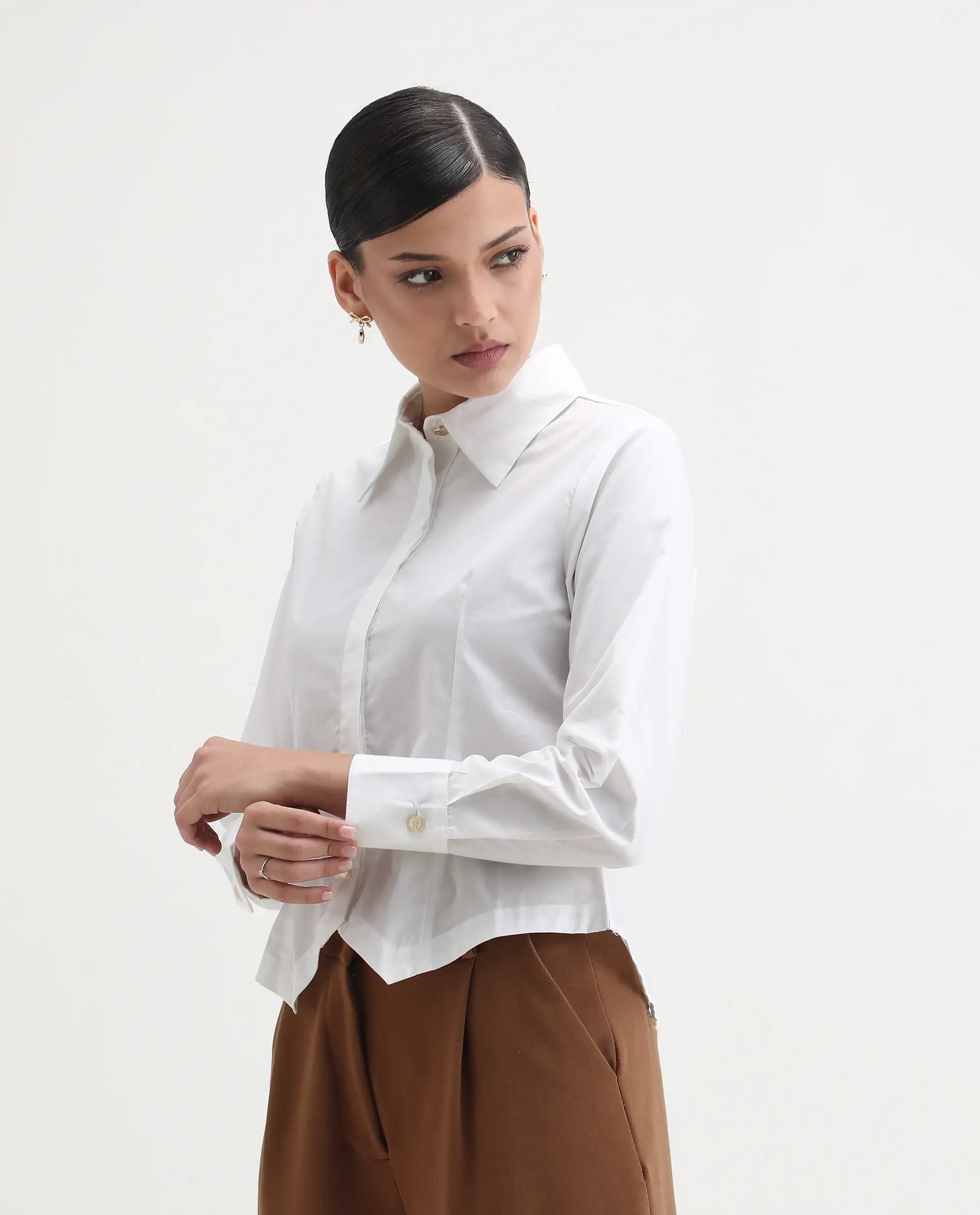Rareism Women's Hikpo White Cotton Drop Collar Plain Cuffed Sleeve Regular Fit Shirt