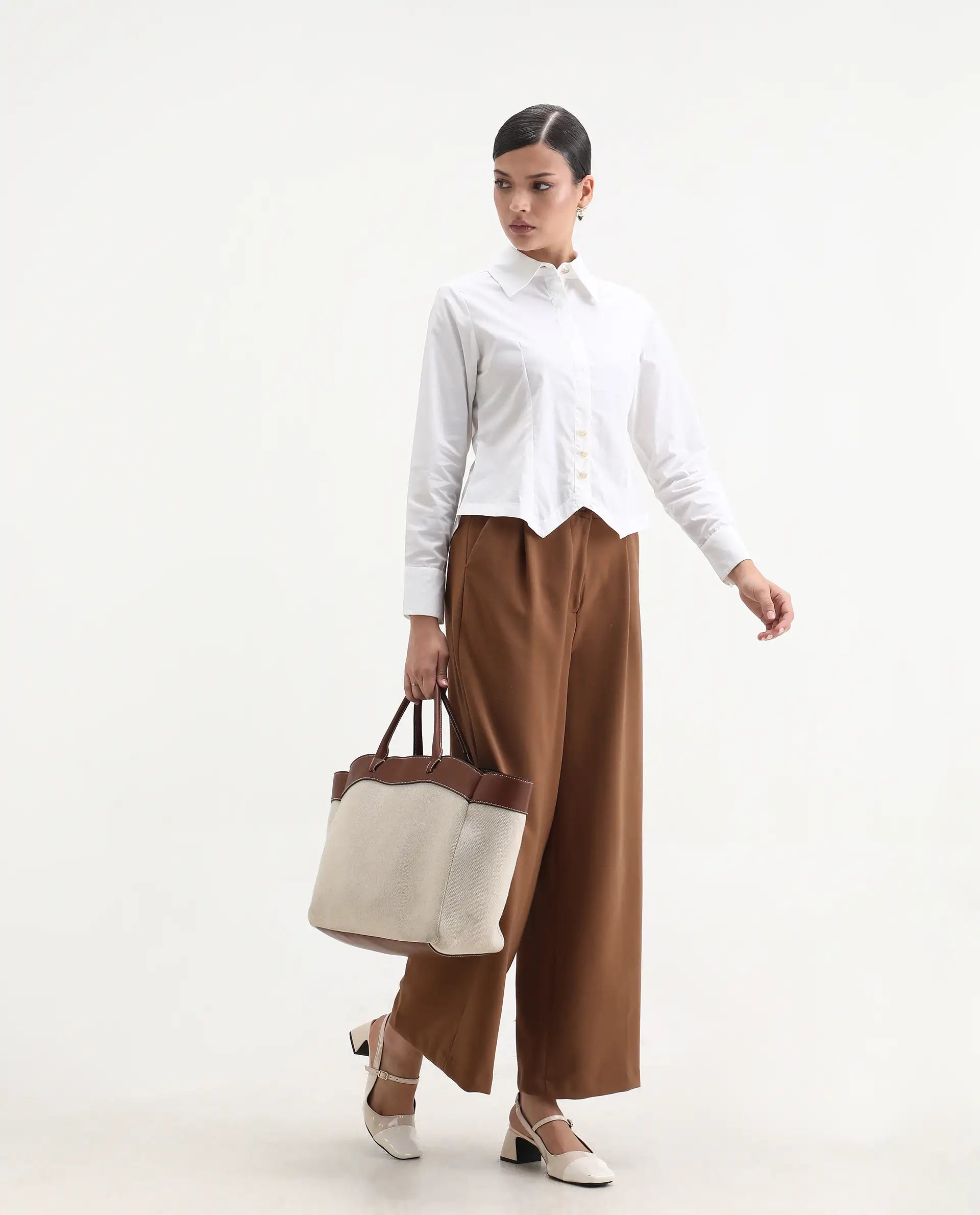 Rareism Women's Hikpo White Cotton Drop Collar Plain Cuffed Sleeve Regular Fit Shirt