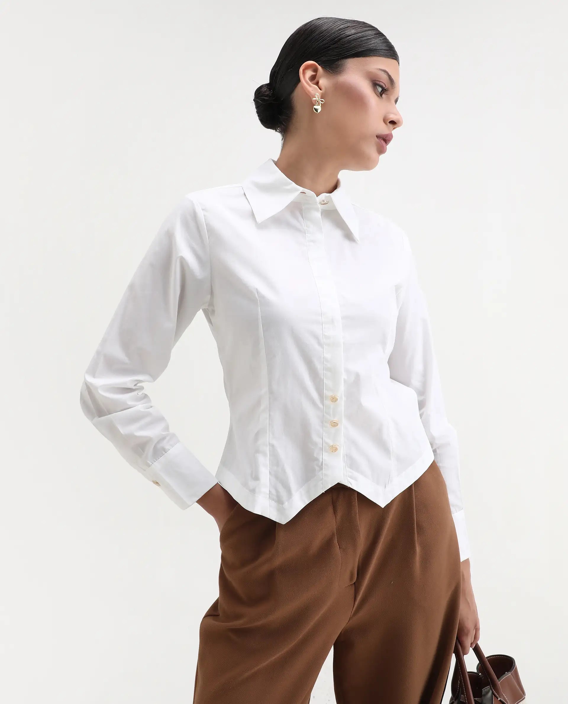 Rareism Women's Hikpo White Cotton Drop Collar Plain Cuffed Sleeve Regular Fit Shirt