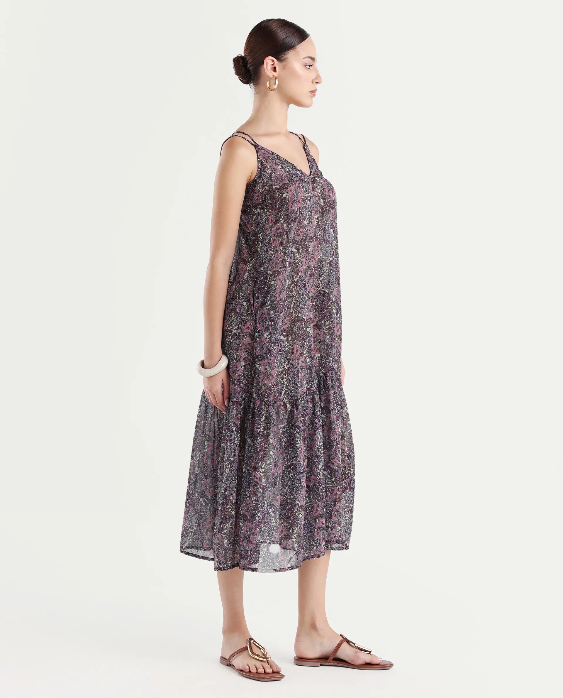 Rareism Women's Hilda Pink V-Neck Abstract Print Sleeveless Knee Length Regular Fit Dress