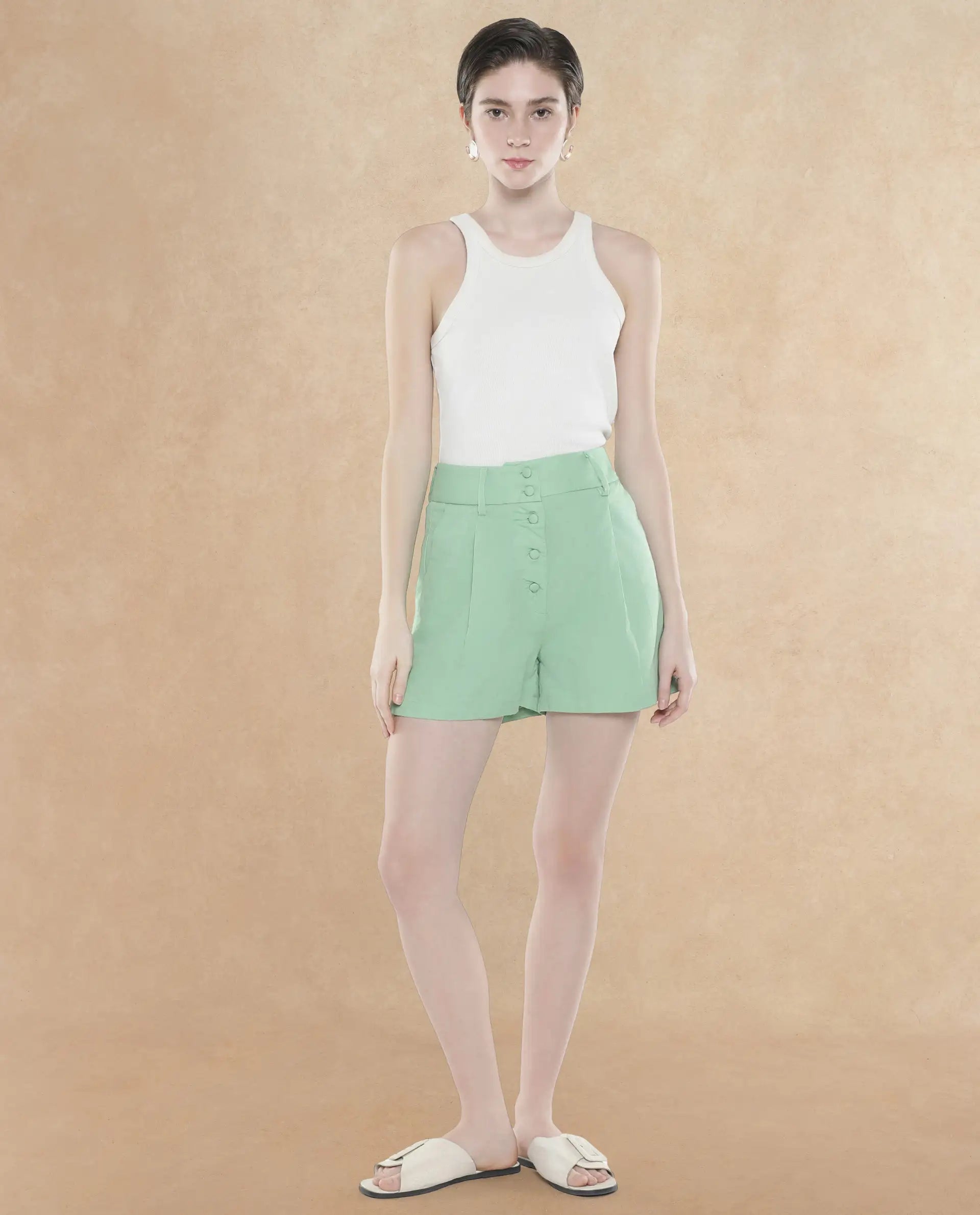 Rareism Women Hilmdr Green Cotton Fabric Button Plain Mini Shorts