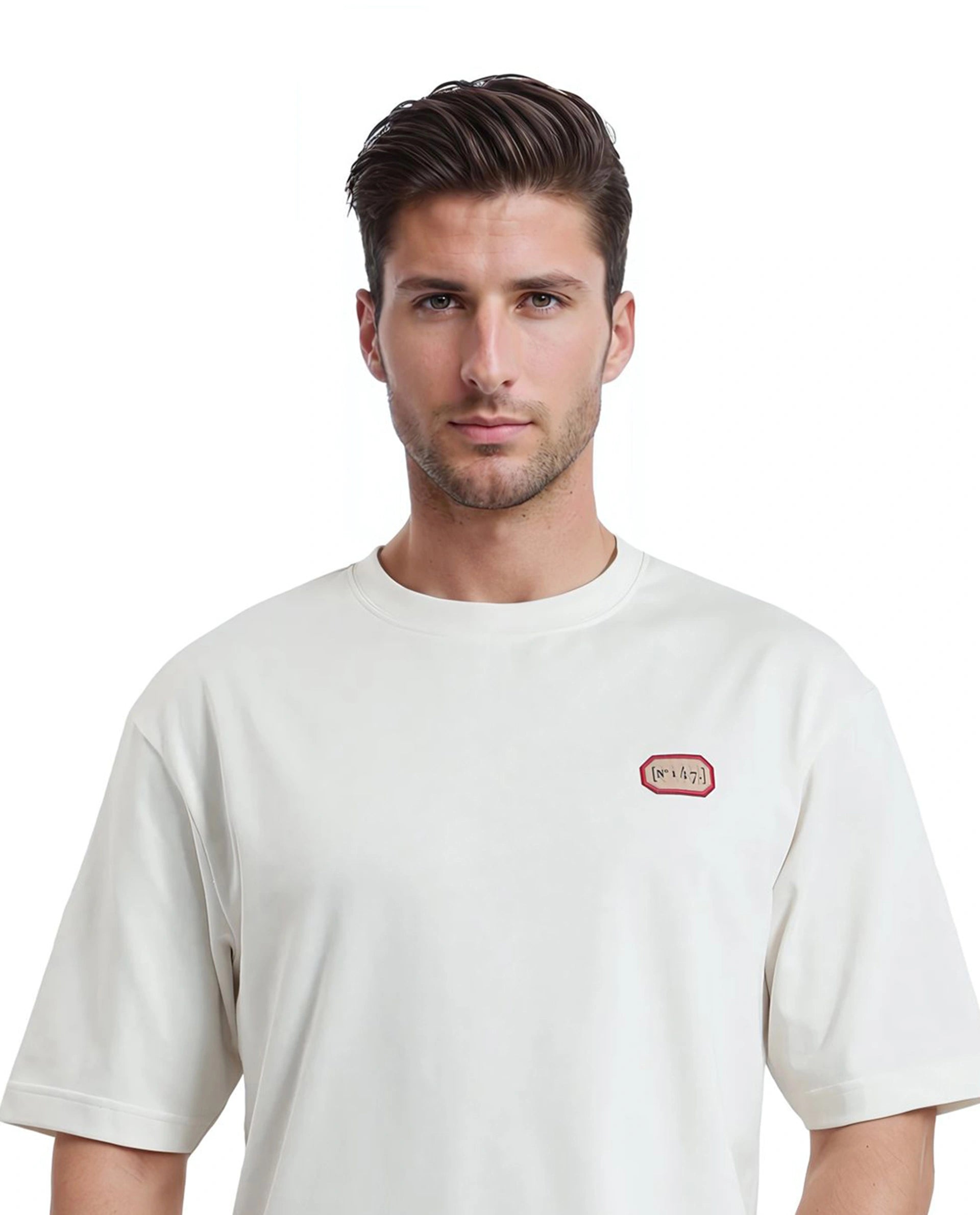 Rare Rabbit Men Hirm Off White Cotton Fabric Short Sleeve Crew Neck Qlo Fit Label Print T-Shirt