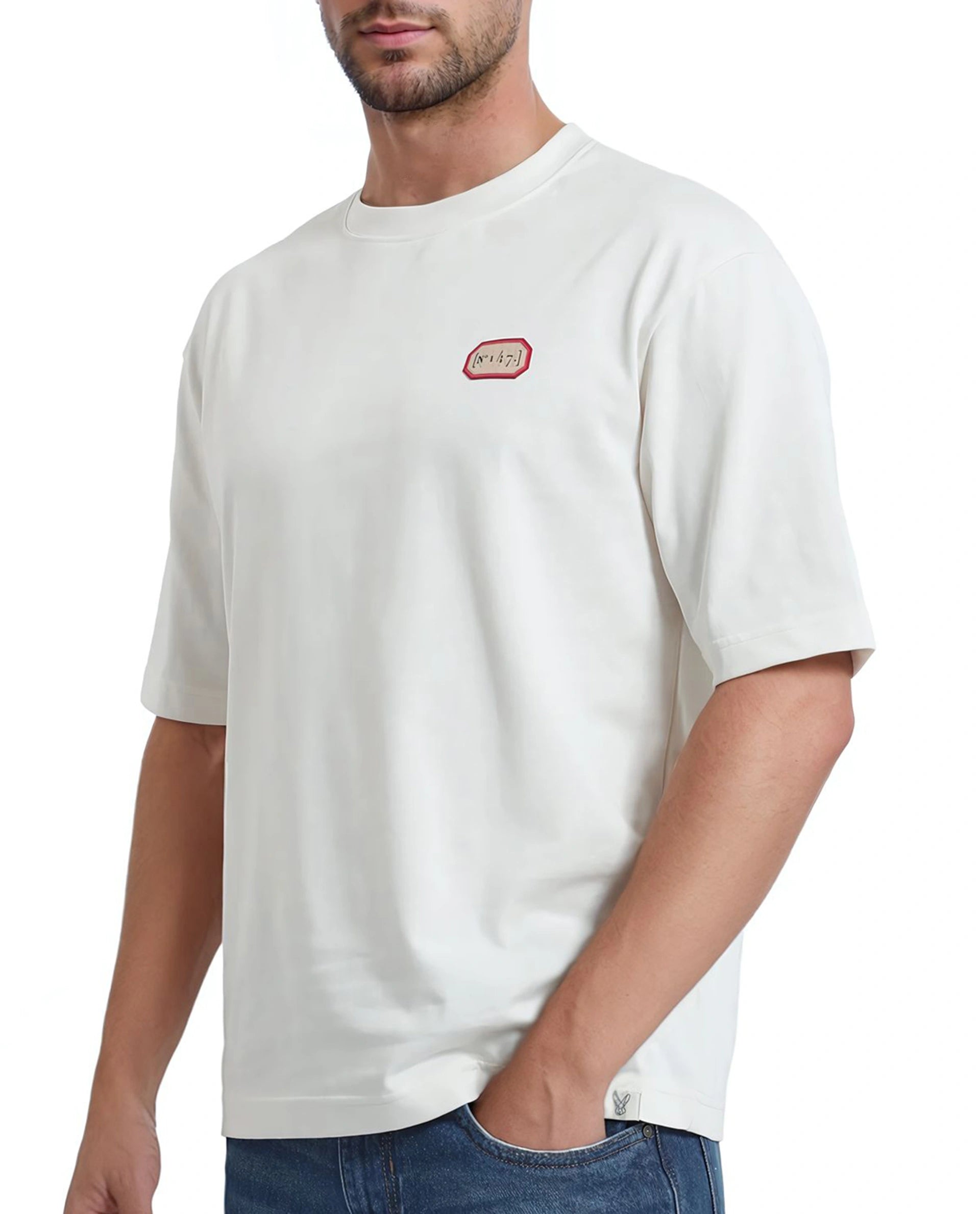 Rare Rabbit Men Hirm Off White Cotton Fabric Short Sleeve Crew Neck Qlo Fit Label Print T-Shirt