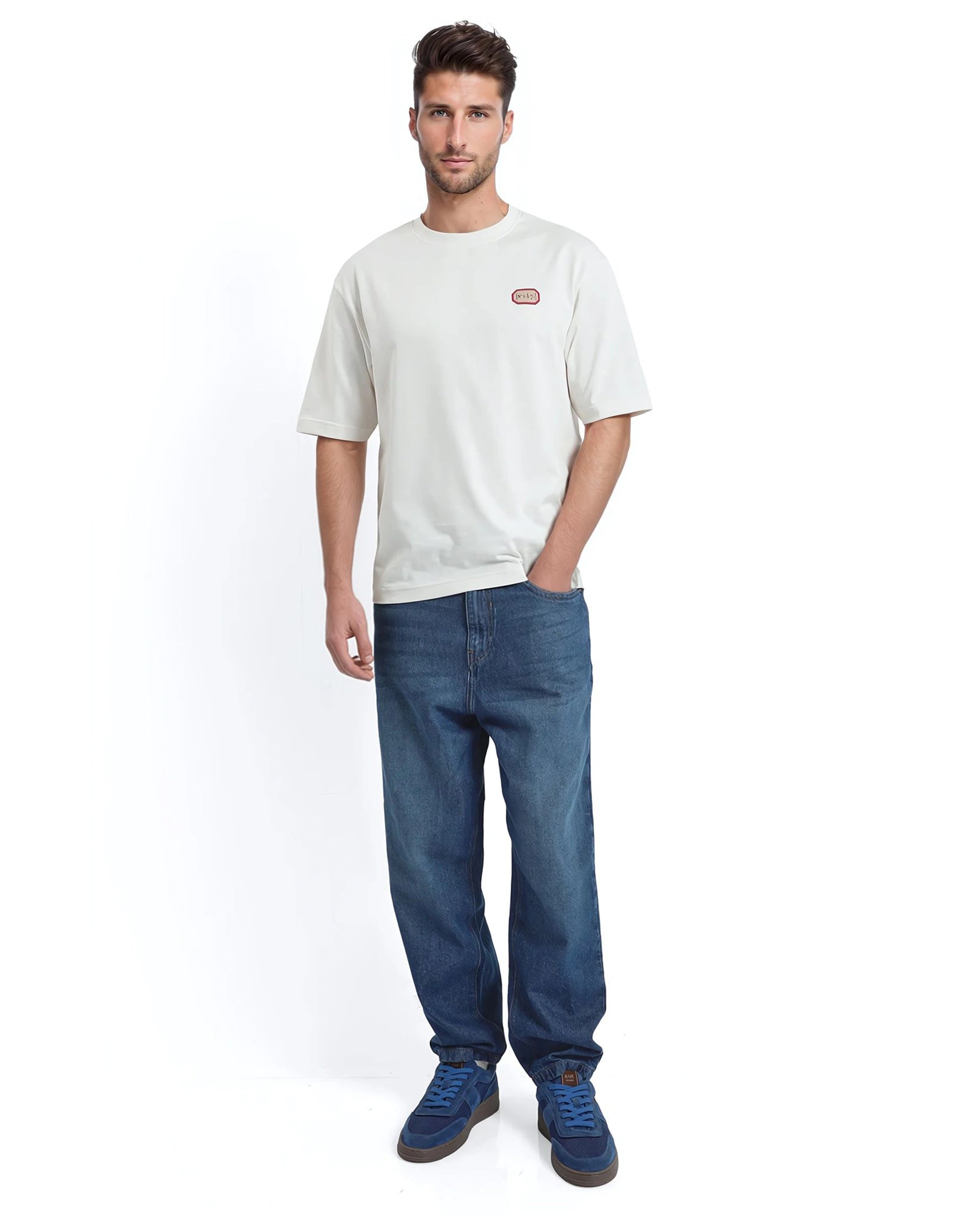 Rare Rabbit Men Hirm Off White Cotton Fabric Short Sleeve Crew Neck Qlo Fit Label Print T-Shirt