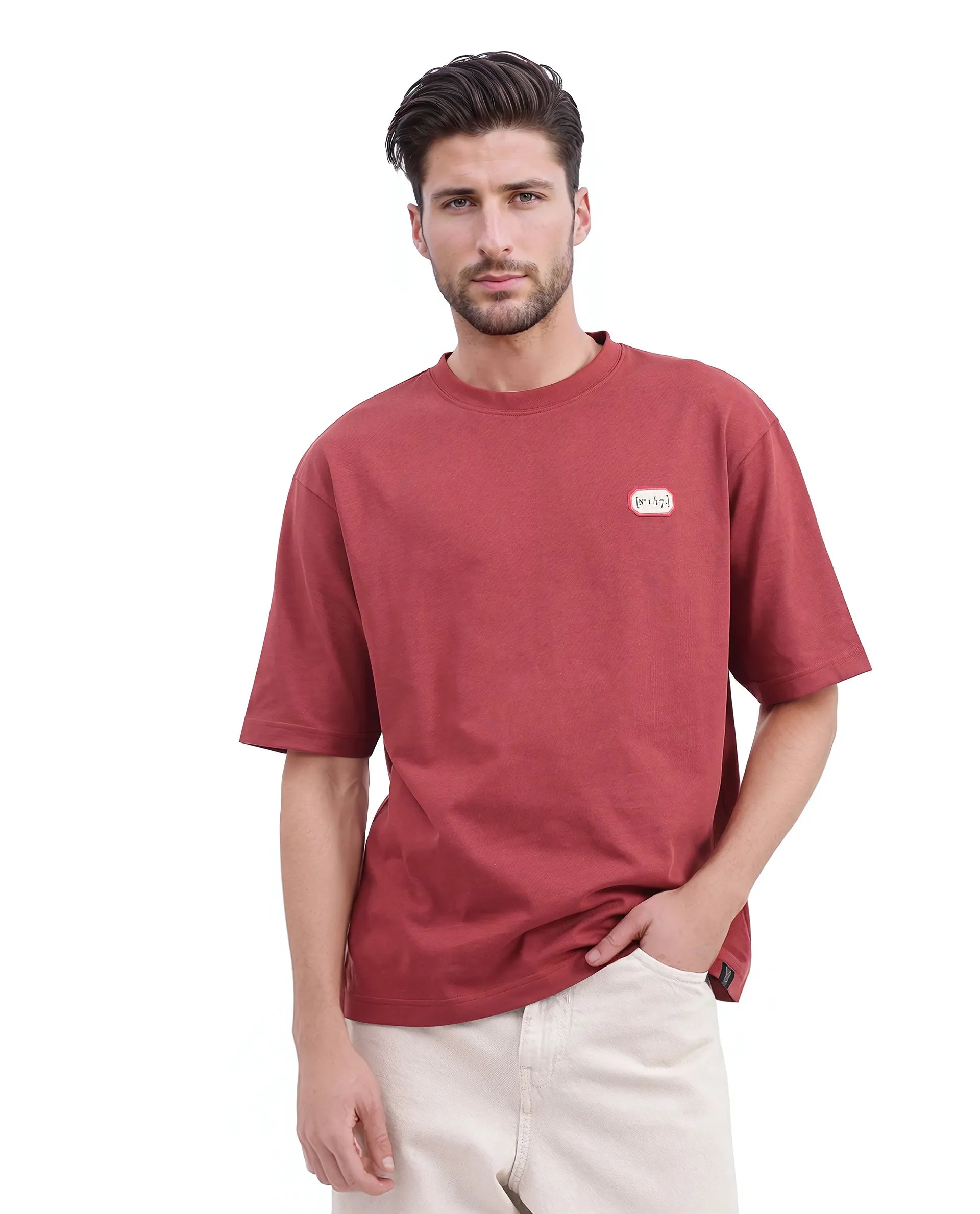 Rare Rabbit Men Hirm Red Cotton Fabric Short Sleeve Crew Neck Qlo Fit Label Print T-Shirt