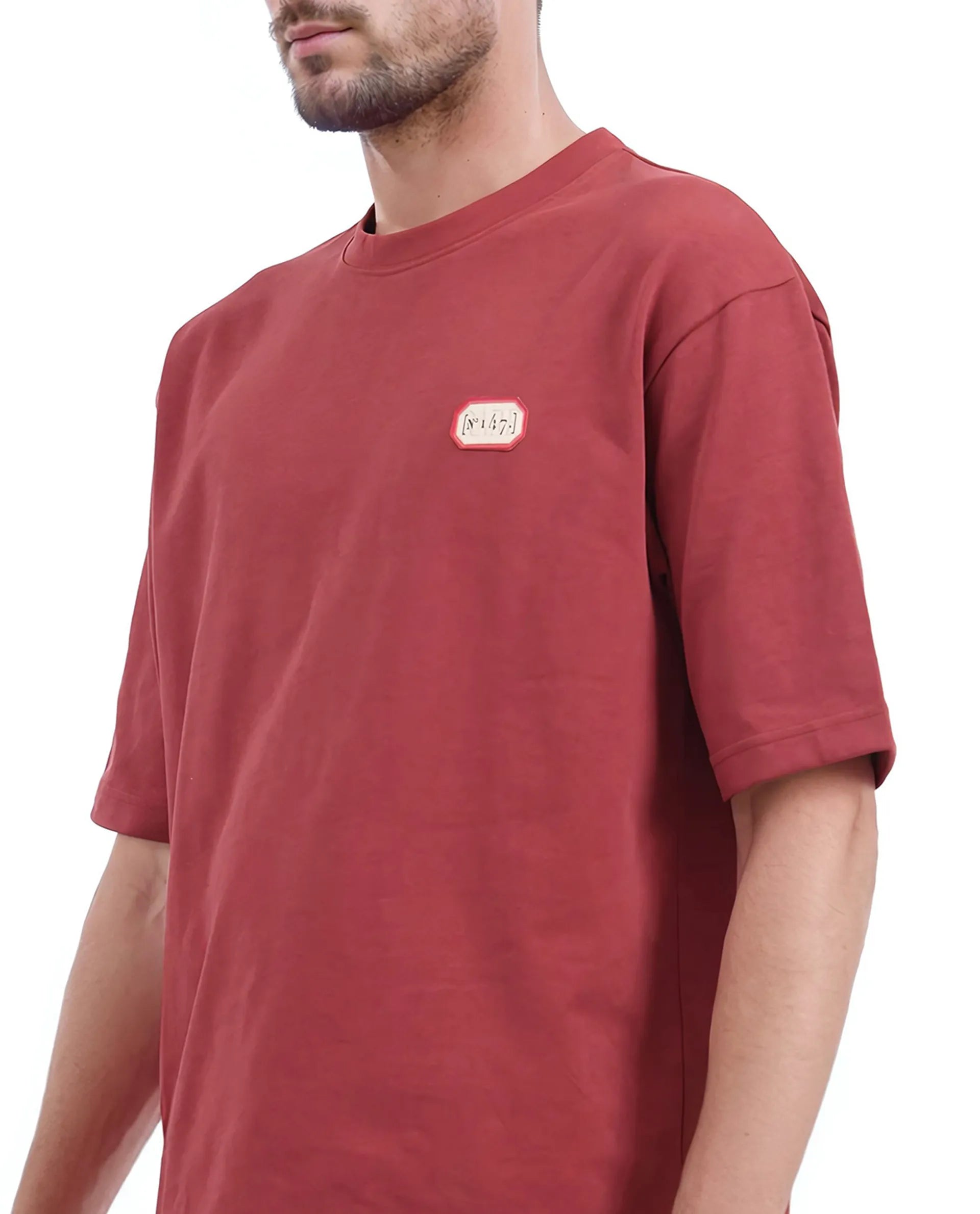 Rare Rabbit Men Hirm Red Cotton Fabric Short Sleeve Crew Neck Qlo Fit Label Print T-Shirt