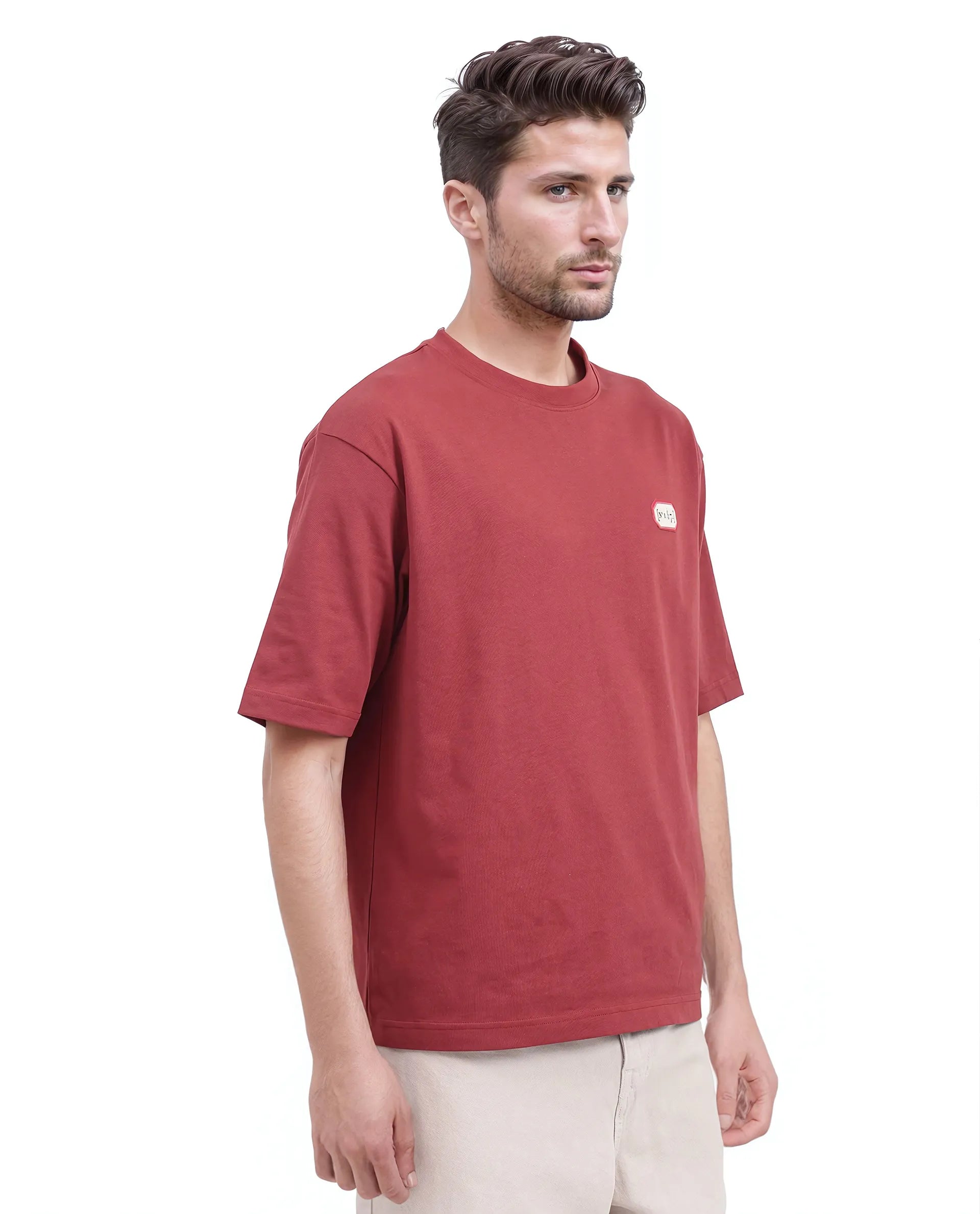 Rare Rabbit Men Hirm Red Cotton Fabric Short Sleeve Crew Neck Qlo Fit Label Print T-Shirt