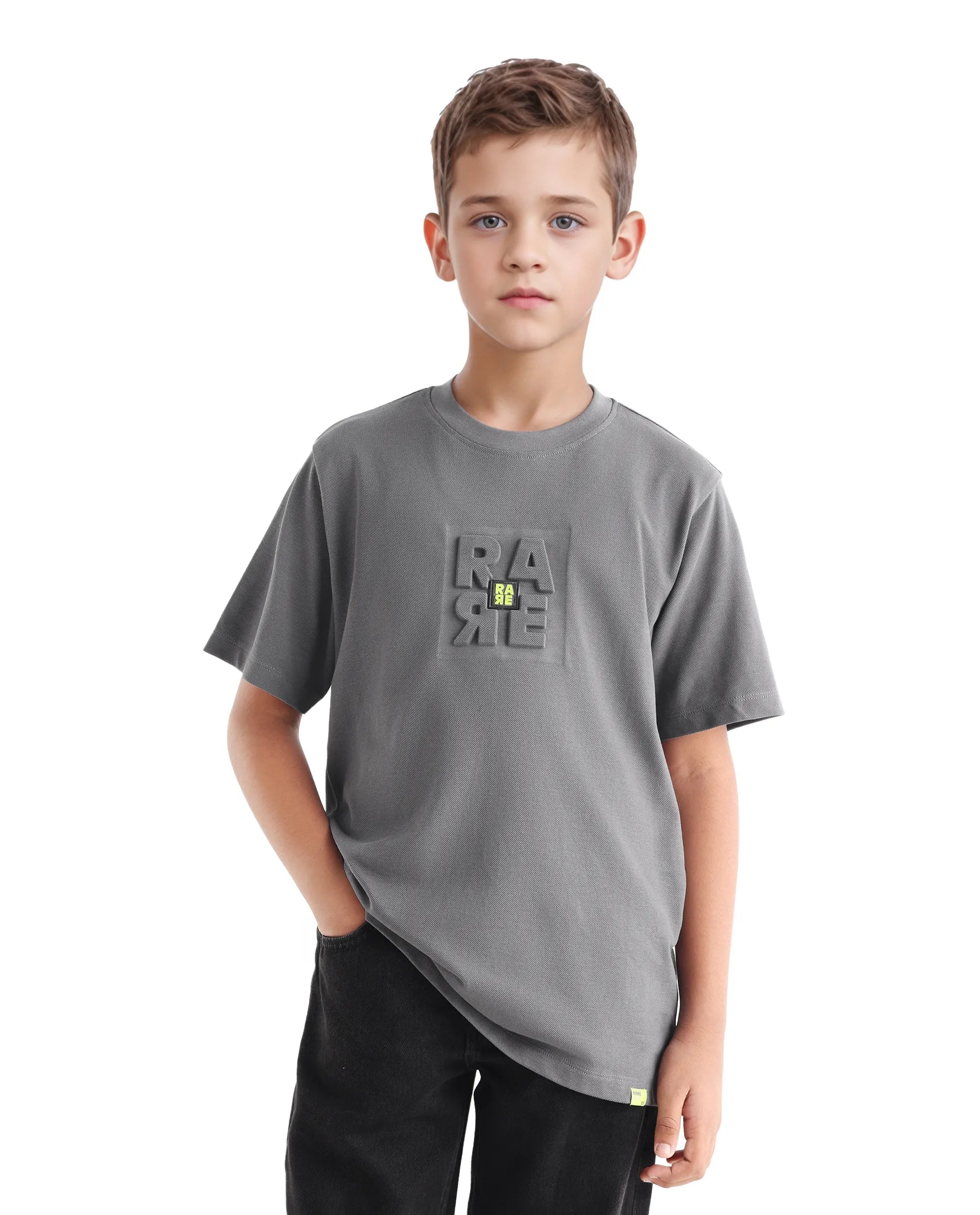 Rare Ones Kids Hiro Dark Grey Cotton Embossed Regular Fit T-Shirt