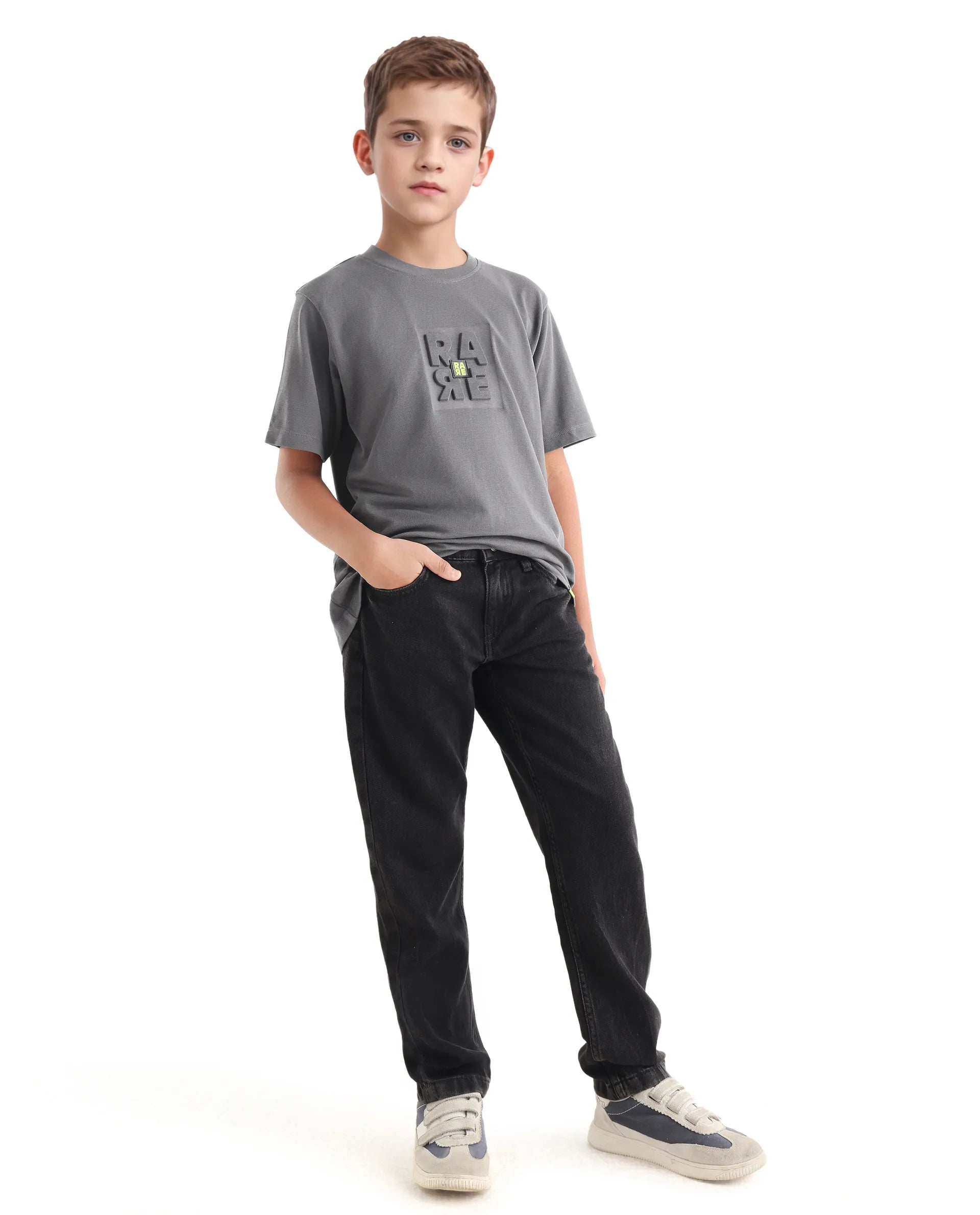 Rare Ones Kids Hiro Dark Grey Cotton Embossed Regular Fit T-Shirt