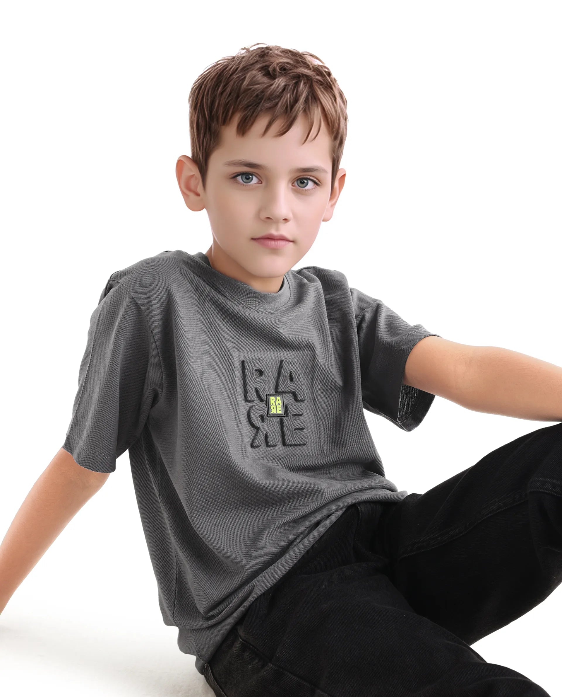 Rare Ones Kids Hiro Dark Grey Cotton Embossed Regular Fit T-Shirt