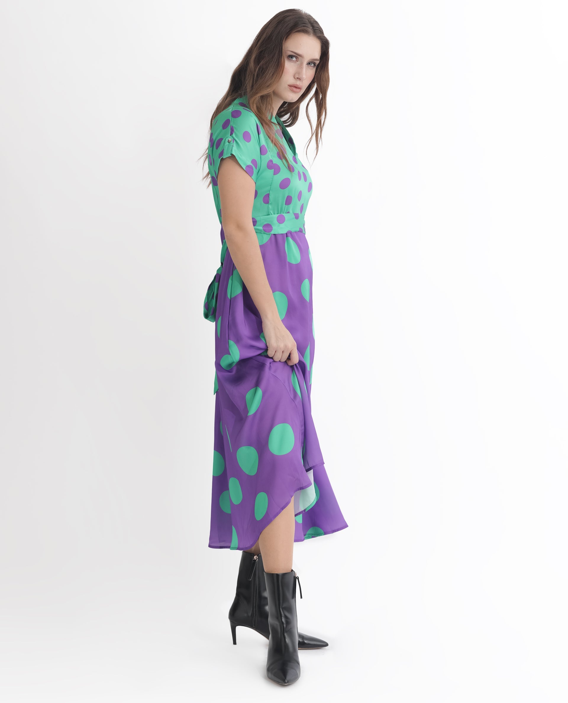 Rareism Women Hirten Purple Polyester Fabric Short Sleeves V-Neck Extended Sleeve Regular Fit Polka Maxi A-Line Dress