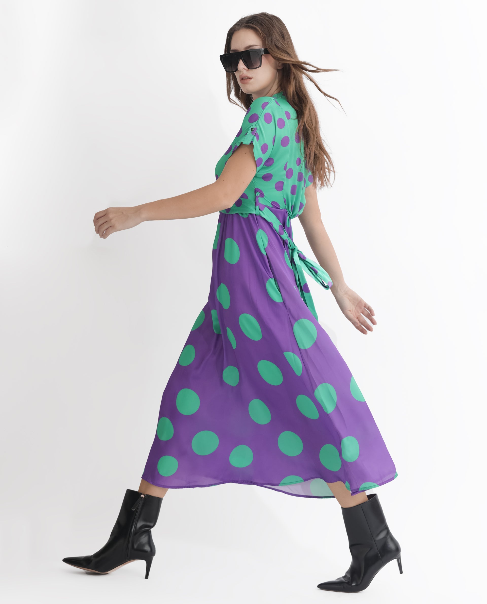 Rareism Women Hirten Purple Polyester Fabric Short Sleeves V-Neck Extended Sleeve Regular Fit Polka Maxi A-Line Dress