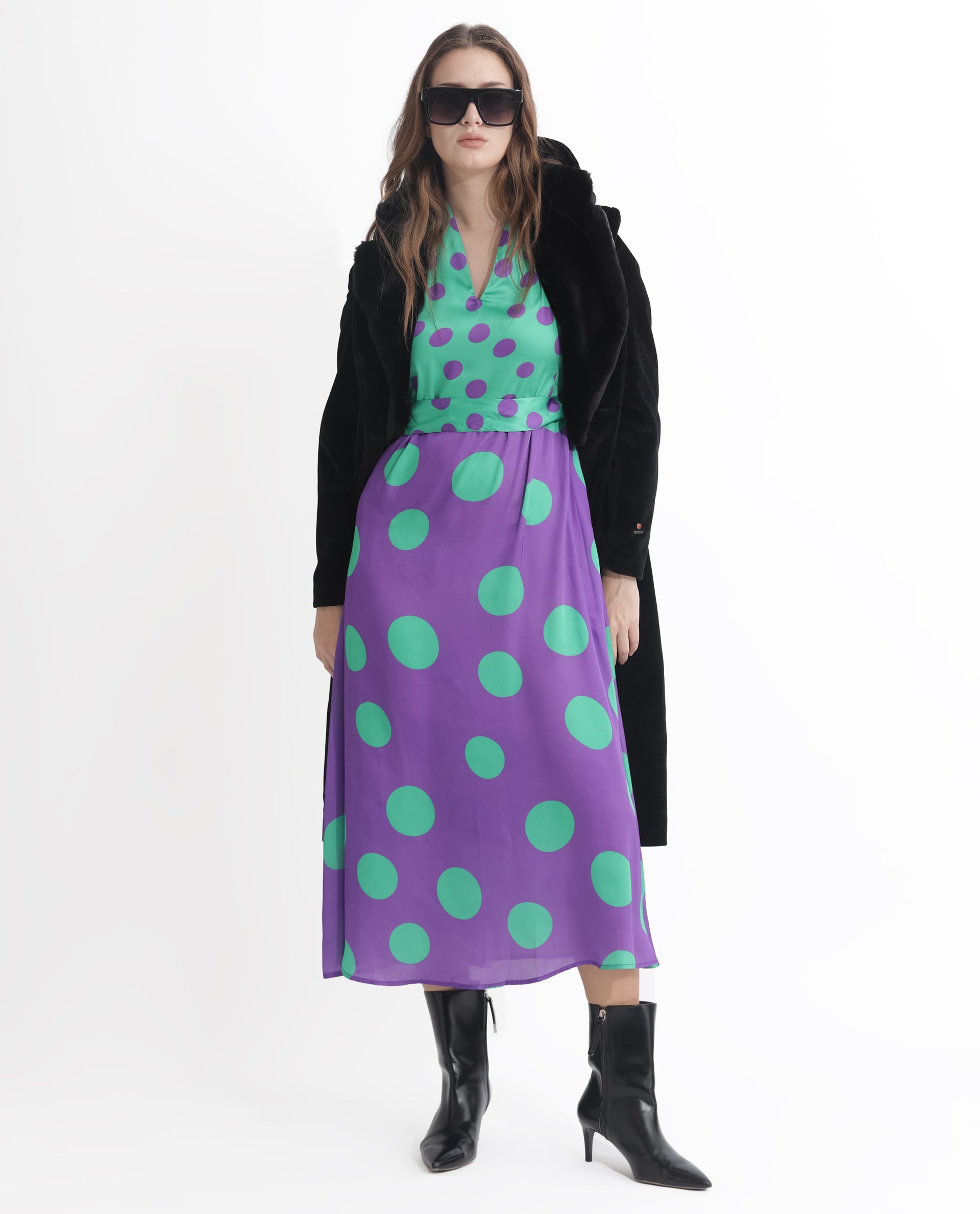 Rareism Women Hirten Purple Polyester Fabric Short Sleeves V-Neck Extended Sleeve Regular Fit Polka Maxi A-Line Dress