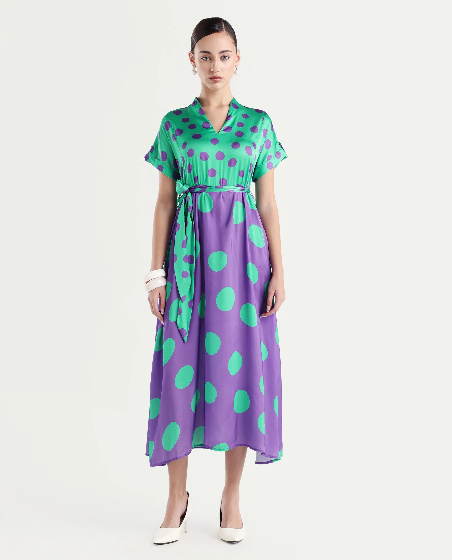 Rareism Women's Hirten Purple Polyester V-Neck Polka Print Extended Sleeves Maxi Regular Fit Dress