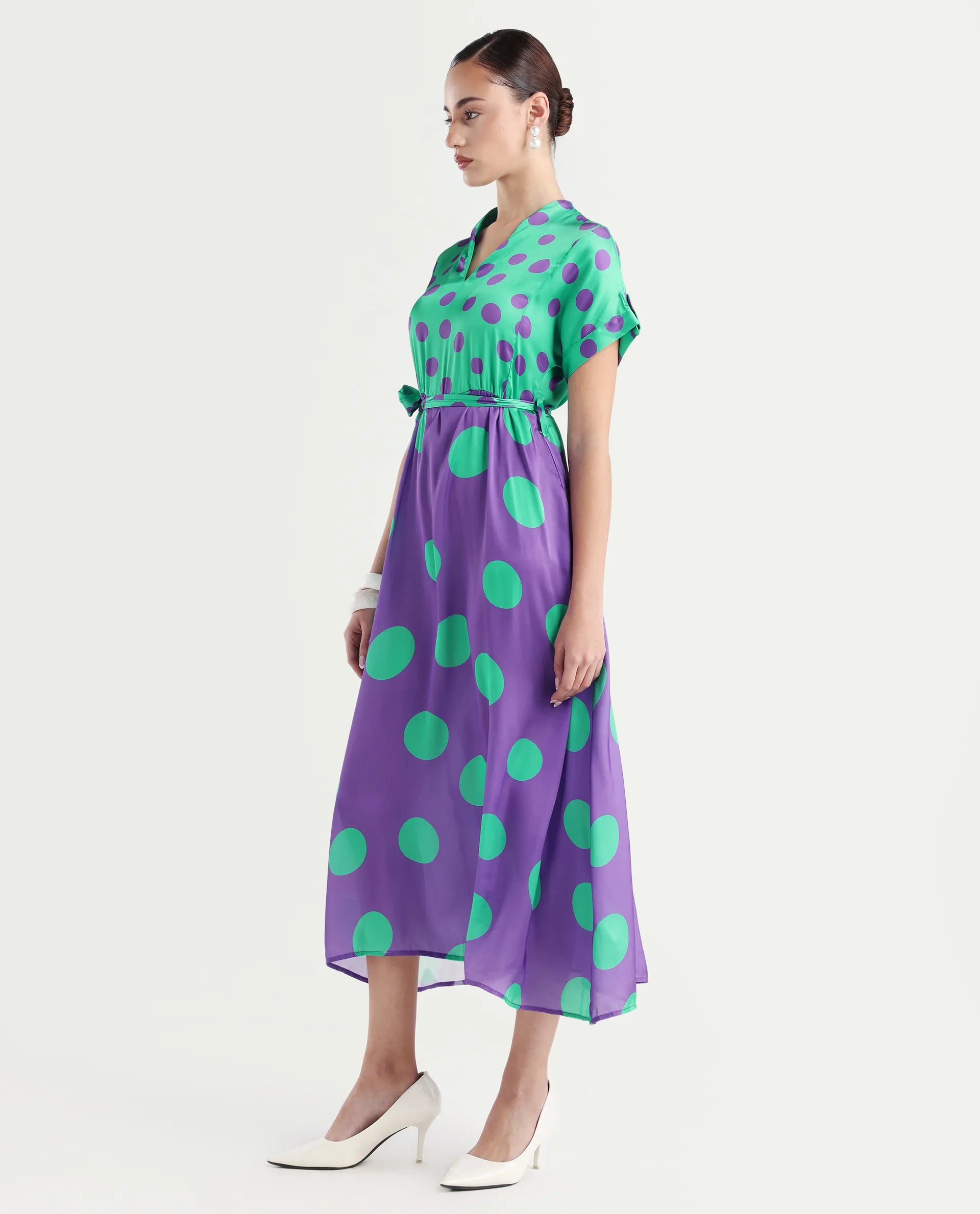 Rareism Women's Hirten Purple Polyester V-Neck Polka Print Extended Sleeves Maxi Regular Fit Dress