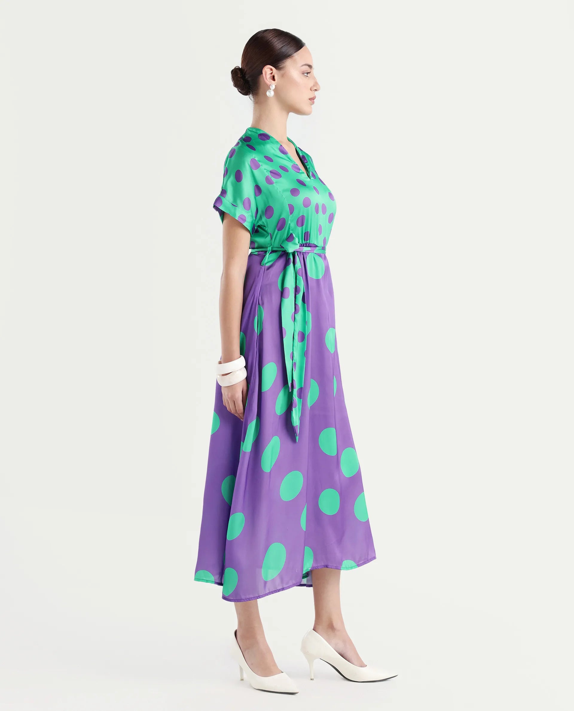 Rareism Women's Hirten Purple Polyester V-Neck Polka Print Extended Sleeves Maxi Regular Fit Dress