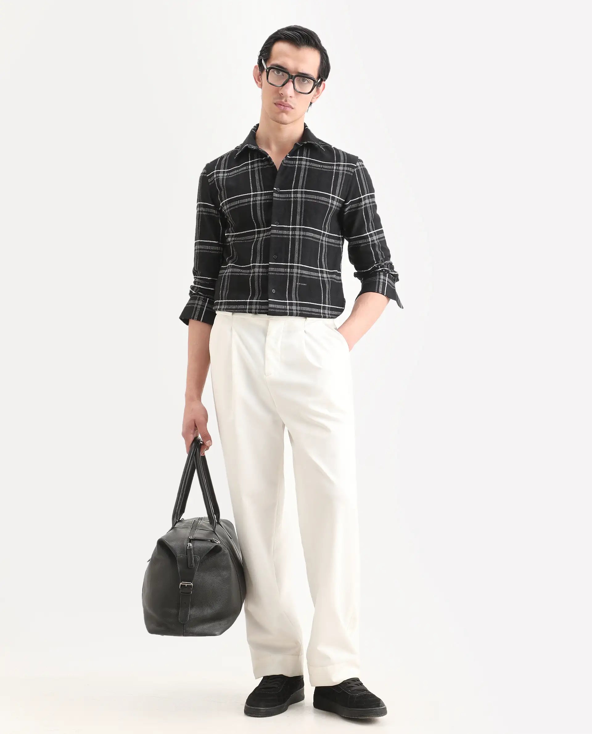 Rare Rabbit Men's Hitra Black Cotton Blend Fabric Full Sleeve Spread Collar Regular Fit Checks Shirt
