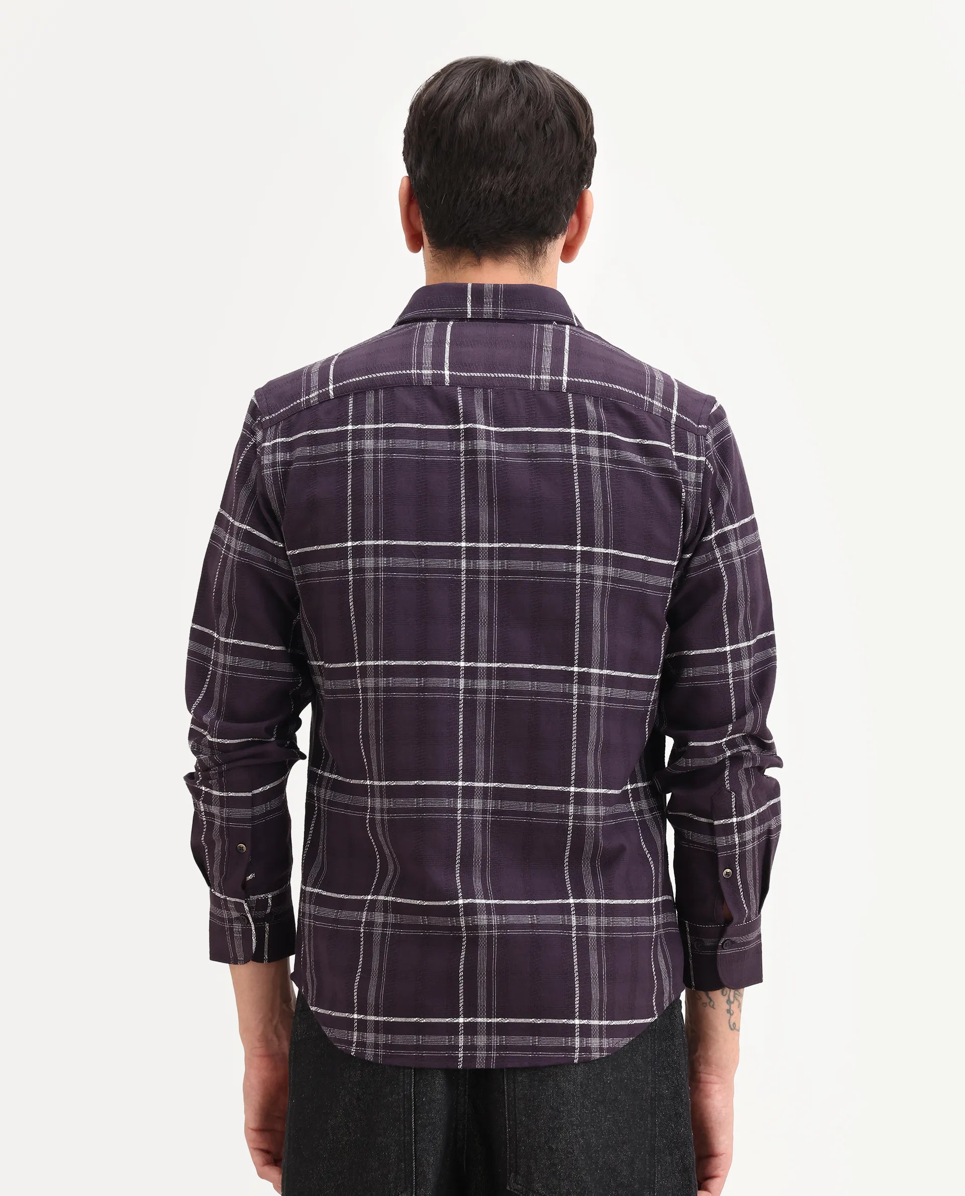 Rare Rabbit Men's Hitra Purple Cotton Blend Fabric Full Sleeve Spread Collar Regular Fit Checks Shirt