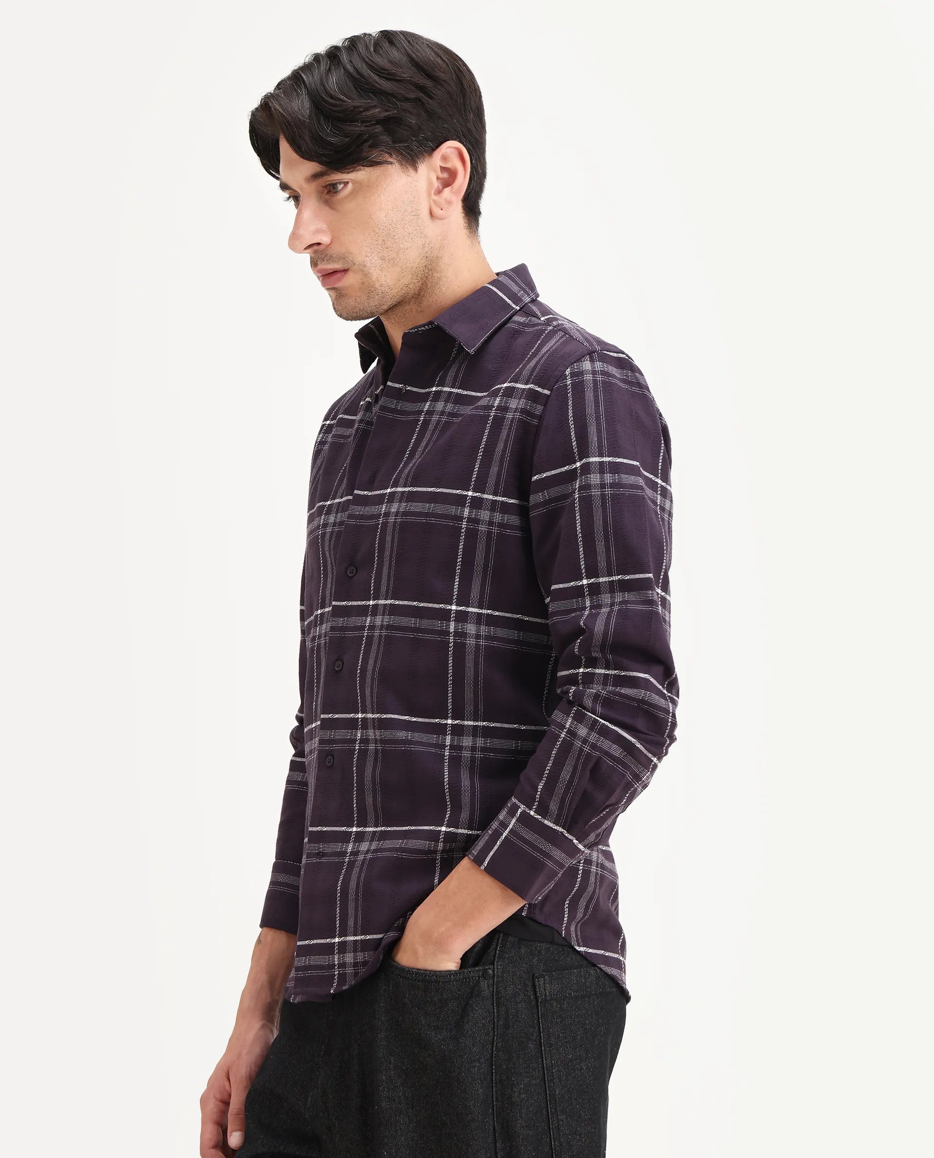 Rare Rabbit Men's Hitra Purple Cotton Blend Fabric Full Sleeve Spread Collar Regular Fit Checks Shirt