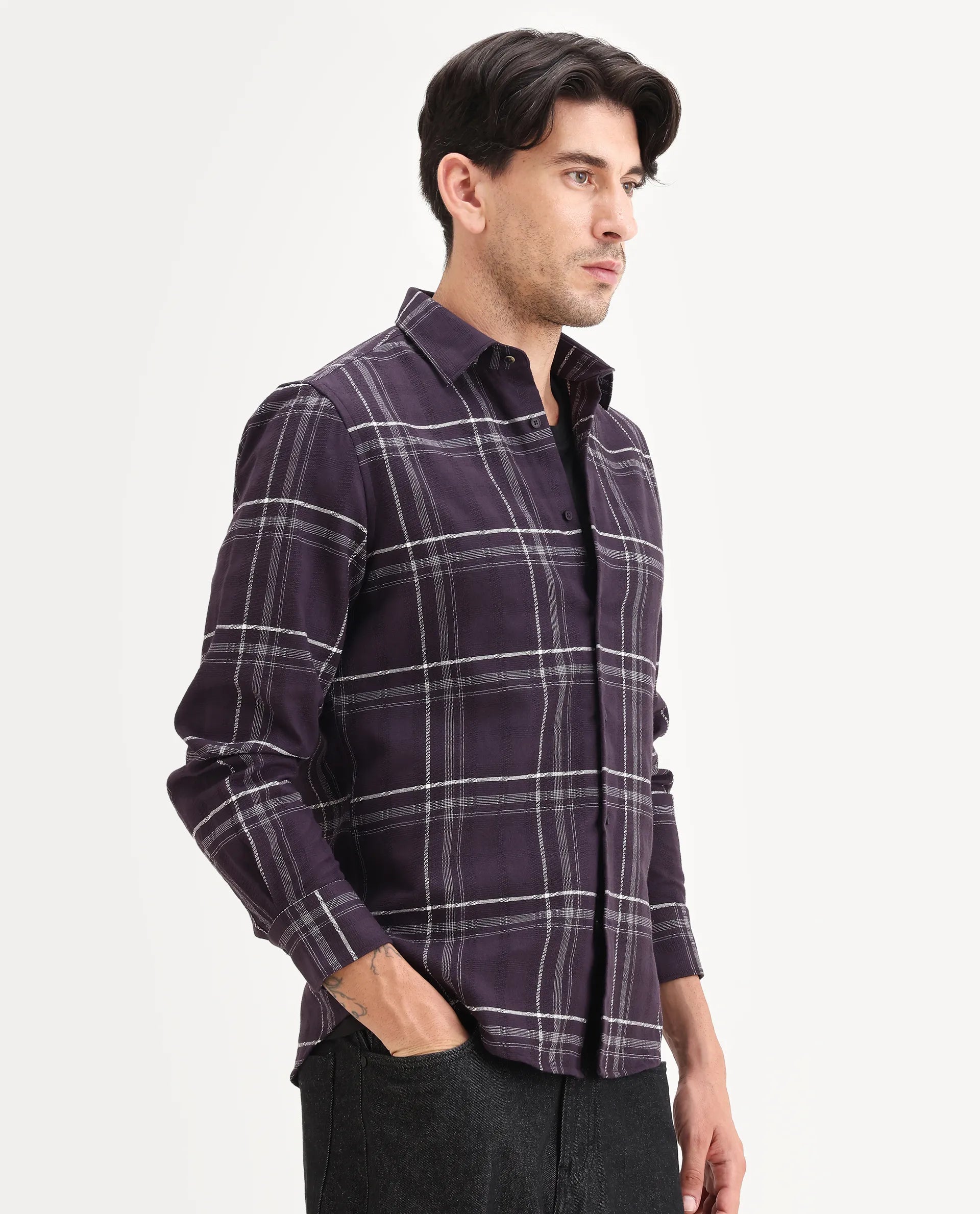 Rare Rabbit Men's Hitra Purple Cotton Blend Fabric Full Sleeve Spread Collar Regular Fit Checks Shirt
