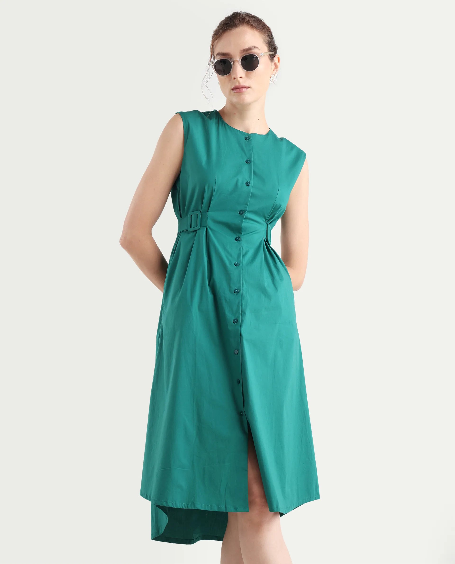 Rareism Women's Hiyfc Green Cotton Blend Crew Neck Plain Sleeveless Knee Length A-Line Dress