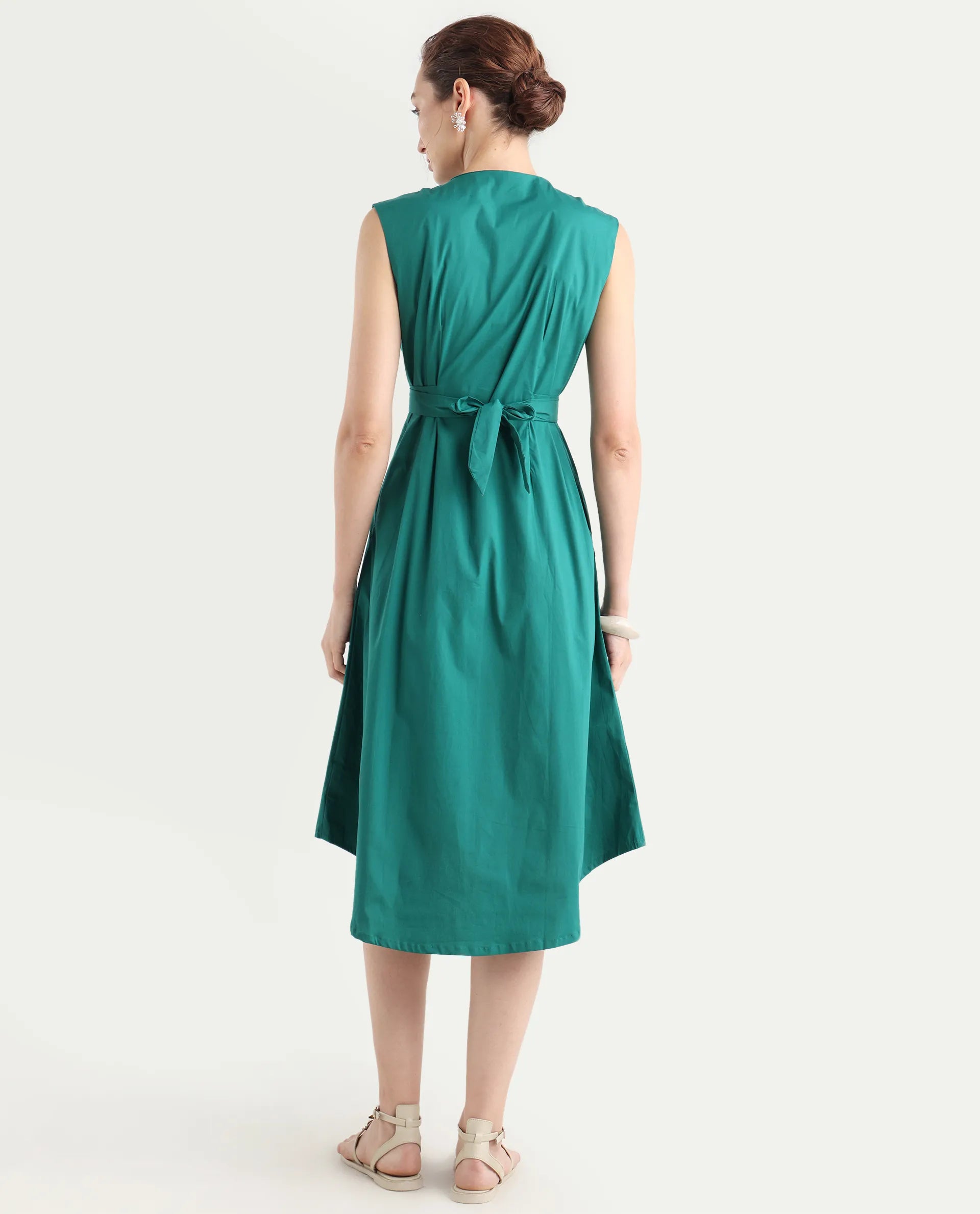 Rareism Women's Hiyfc Green Cotton Blend Crew Neck Plain Sleeveless Knee Length A-Line Dress