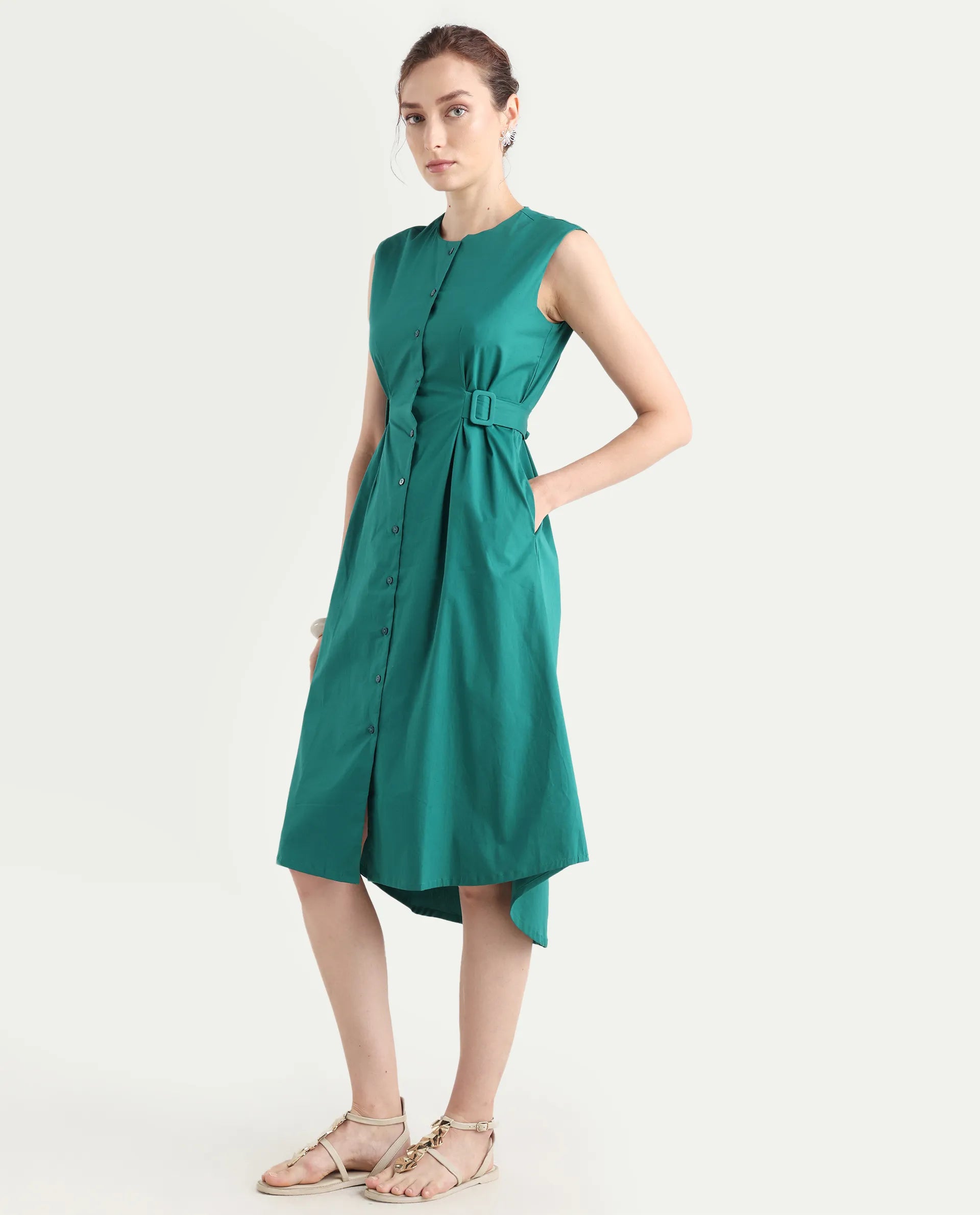 Rareism Women's Hiyfc Green Cotton Blend Crew Neck Plain Sleeveless Knee Length A-Line Dress