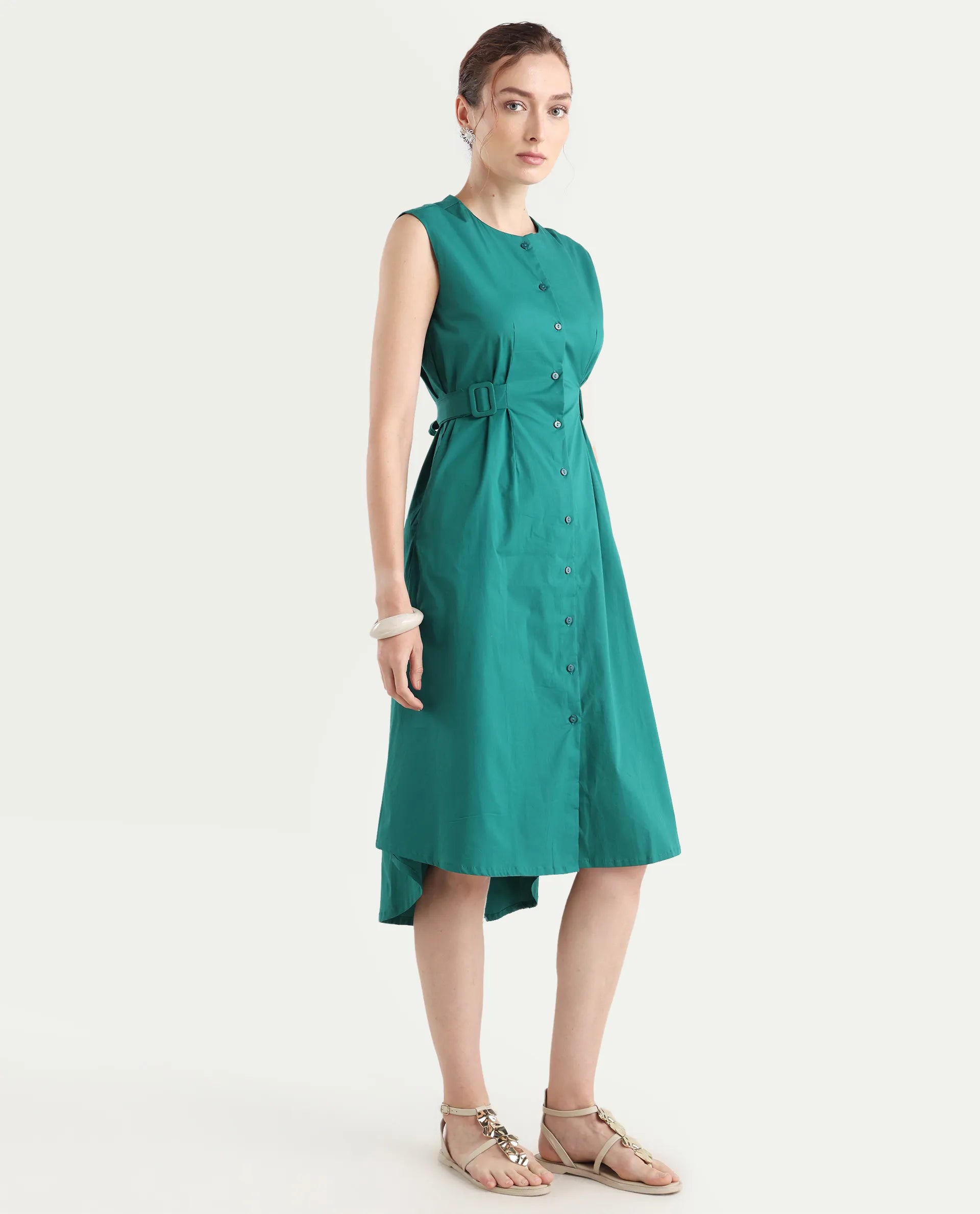 Rareism Women's Hiyfc Green Cotton Blend Crew Neck Plain Sleeveless Knee Length A-Line Dress