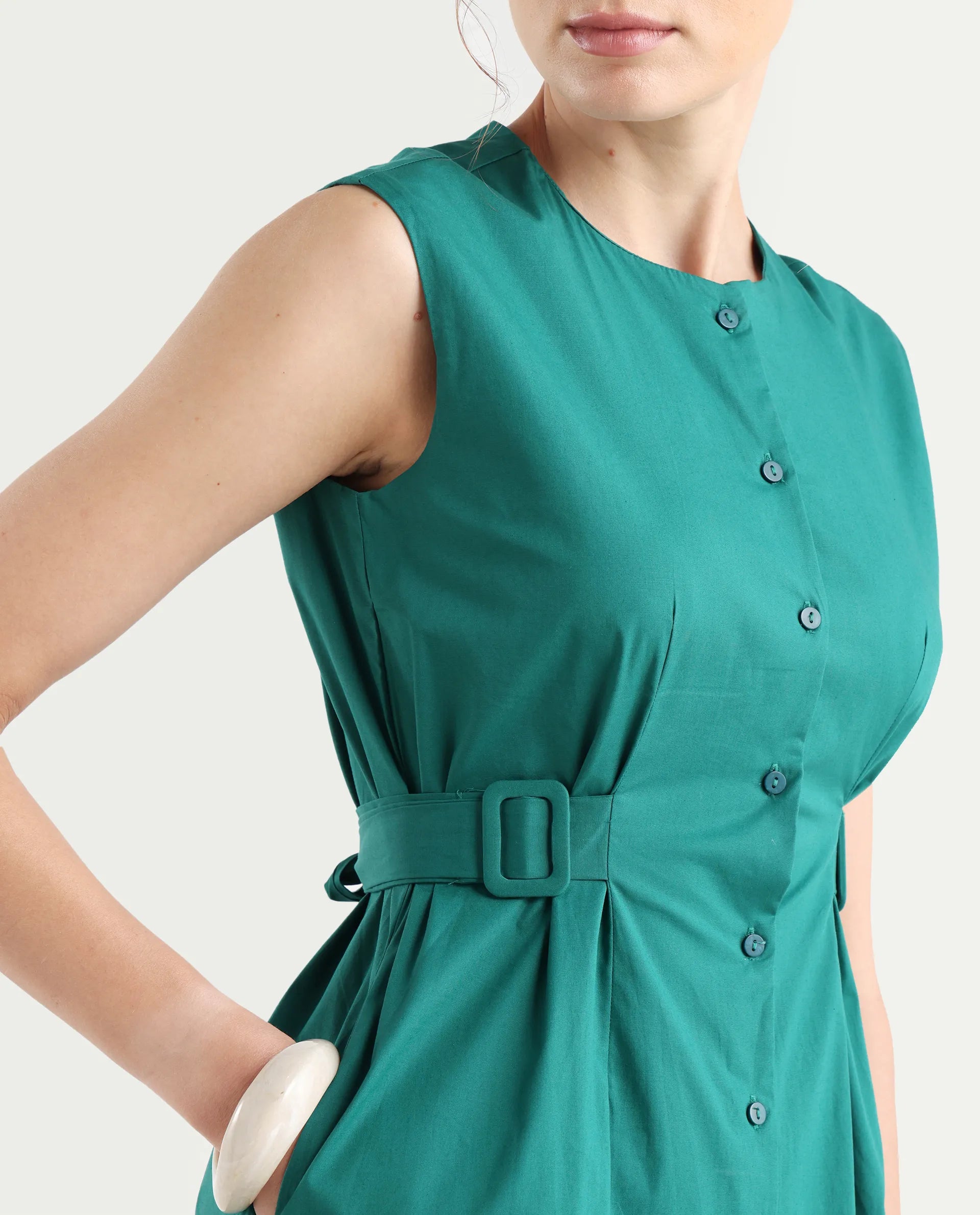 Rareism Women's Hiyfc Green Cotton Blend Crew Neck Plain Sleeveless Knee Length A-Line Dress