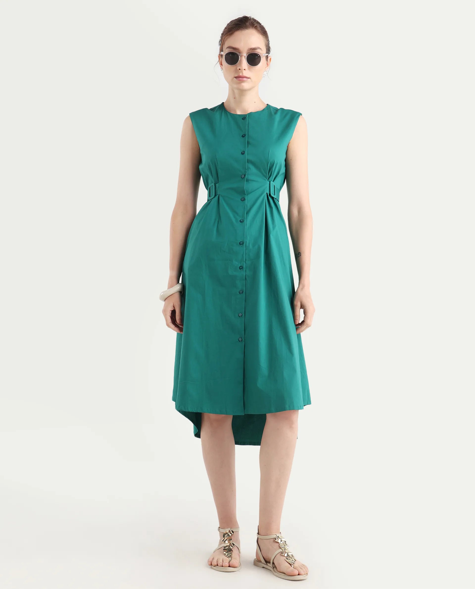 Rareism Women's Hiyfc Green Cotton Blend Crew Neck Plain Sleeveless Knee Length A-Line Dress