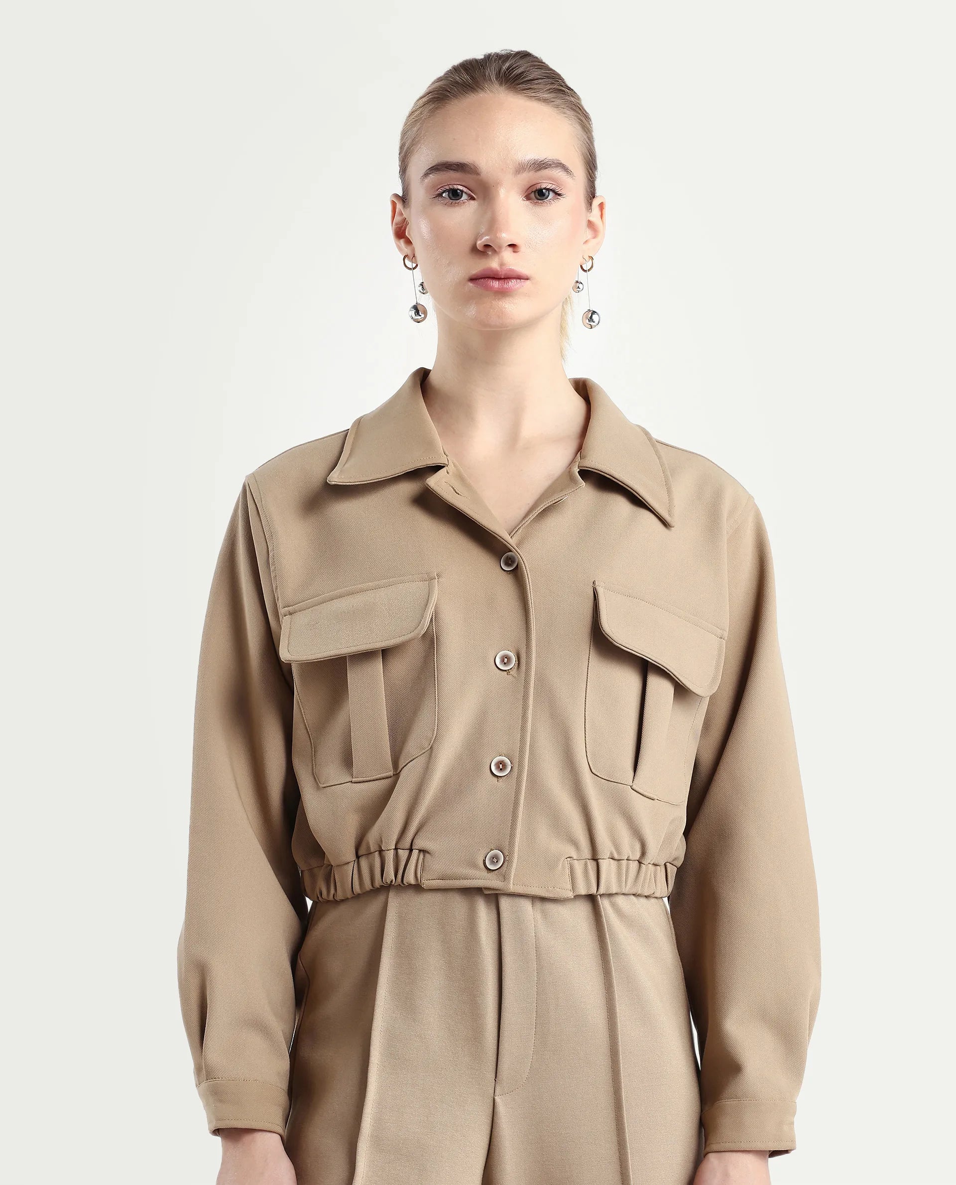 Rareism Women's Hobart Beige Spread Collar Plain Cuffed Sleeve Crop Regular Fit Jacket