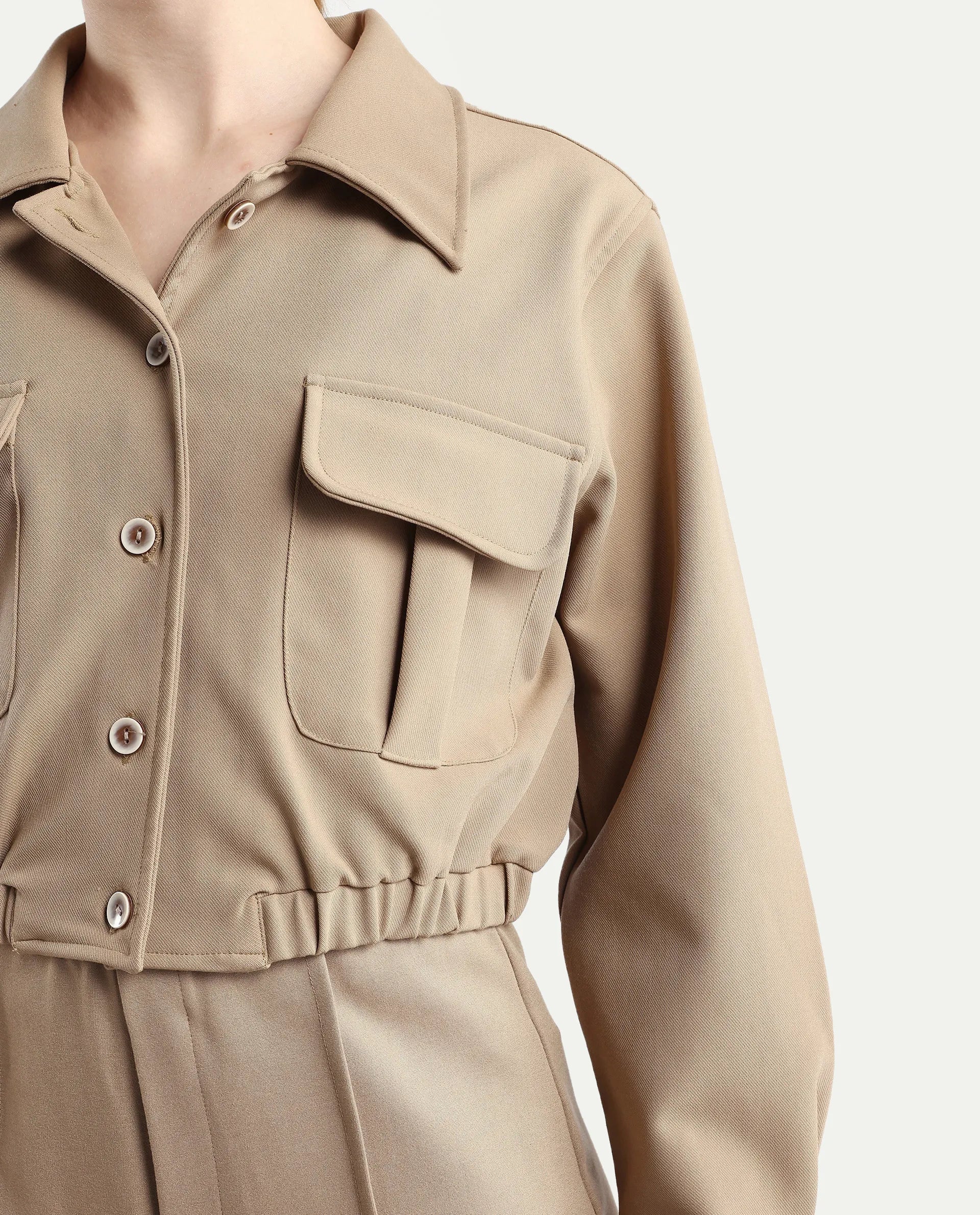 Rareism Women's Hobart Beige Spread Collar Plain Cuffed Sleeve Crop Regular Fit Jacket