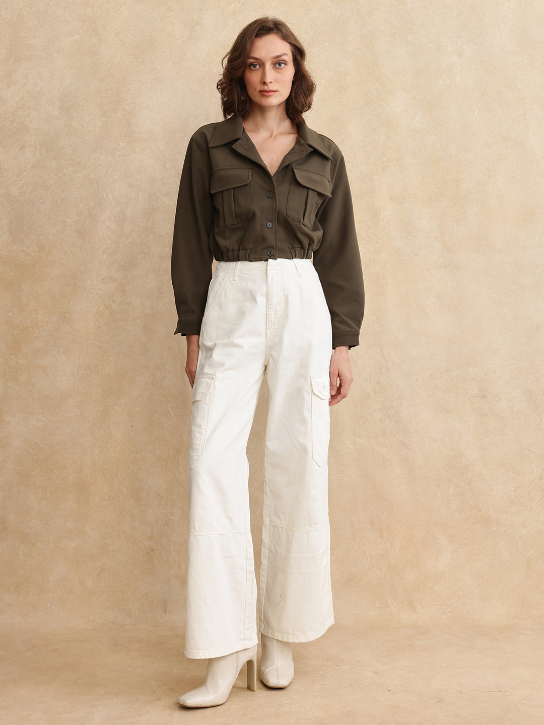 Rareism Women Hobart Olive Cuffed Sleeve Collared Neck Button Closure Cropped Plain Jacket