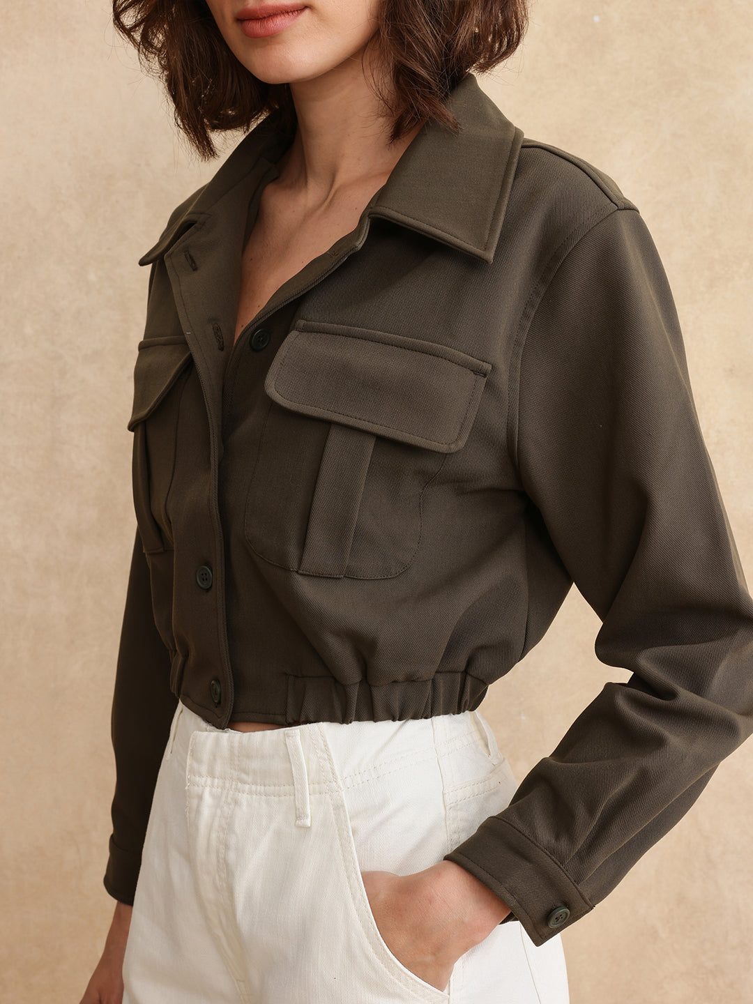 Rareism Women Hobart Olive Cuffed Sleeve Collared Neck Button Closure Cropped Plain Jacket