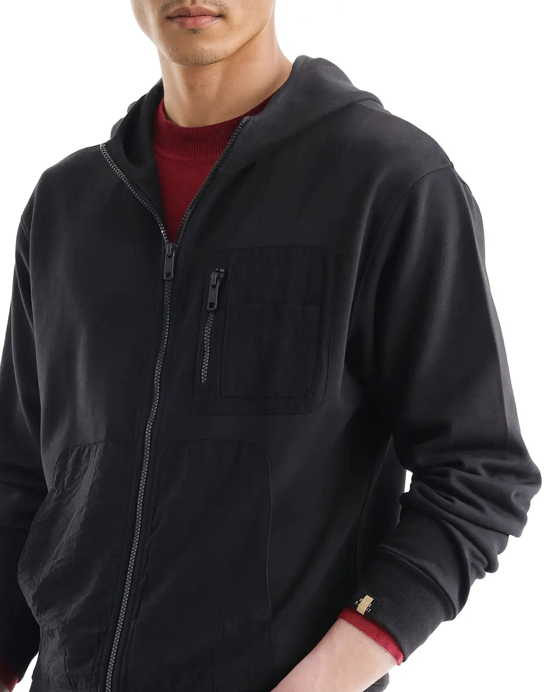 Rare Rabbit Men Hobbs Black Cotton Poly Fabric Full Sleeve Regular Fit Hooded Solid Sweatshirt